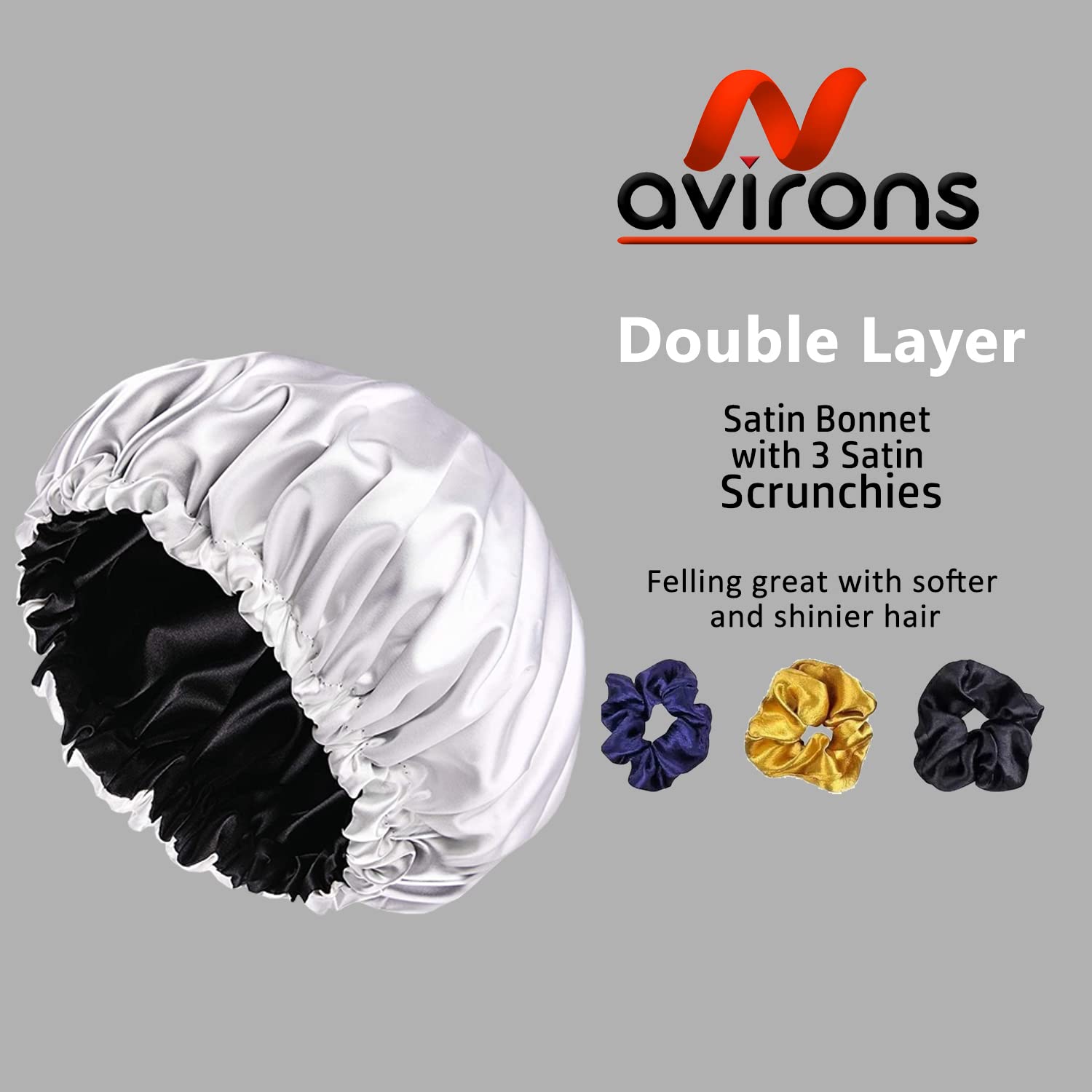 Avirons Reversible Pure Satin Sleep Cap for Women with Free 3 Scrunchies | Adjustable Silk Hair Bonnet for Nighttime Hair Protection | Perfect for Curly, Natural & Protective Hairstyles | Great Gift for Black Women