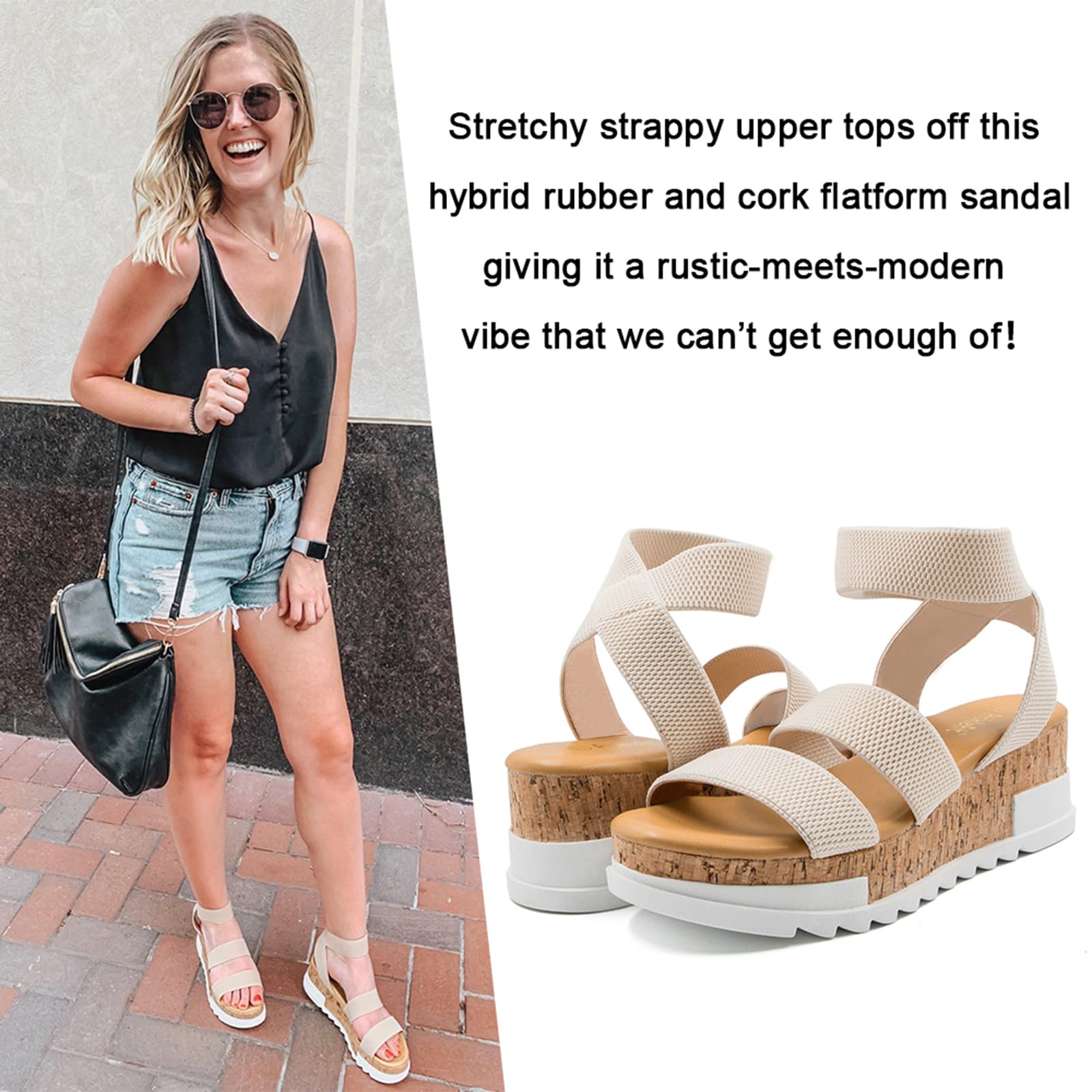 Athlefit Women's Wedge Sandals with Cork Sole & Elastic Strap - Comfortable Platform Sandals for Summer, Beach, Walking & Casual Outfits