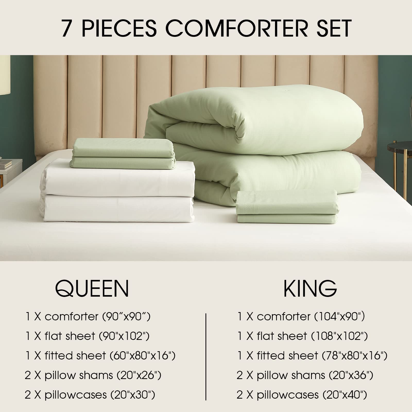 HYPREST 7-Piece King Size Bed in a Bag Comforter Set with Sheets - Sage Green Luxury Bedding, Soft Cooling Lightweight Duvet Cover (Oeko-Tex Certified) for Master Bedroom, Guest Room & Vacation Homes