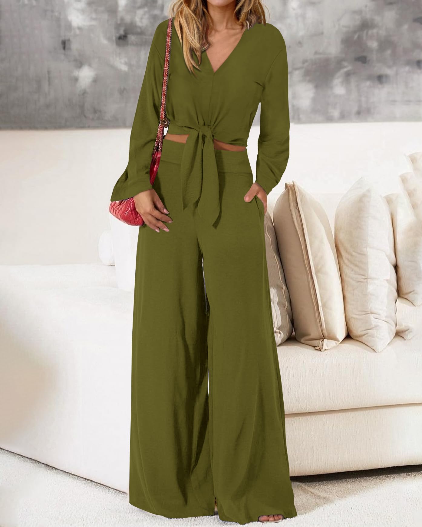 PRETTYGARDEN Women's 2 Piece Outfit Set - 2025 Spring Summer Casual Long Sleeve V Neck Crop Top with Wide Leg Palazzo Pants | Lounge Wear, Street Style, Office Outfits & Vacation Clothes