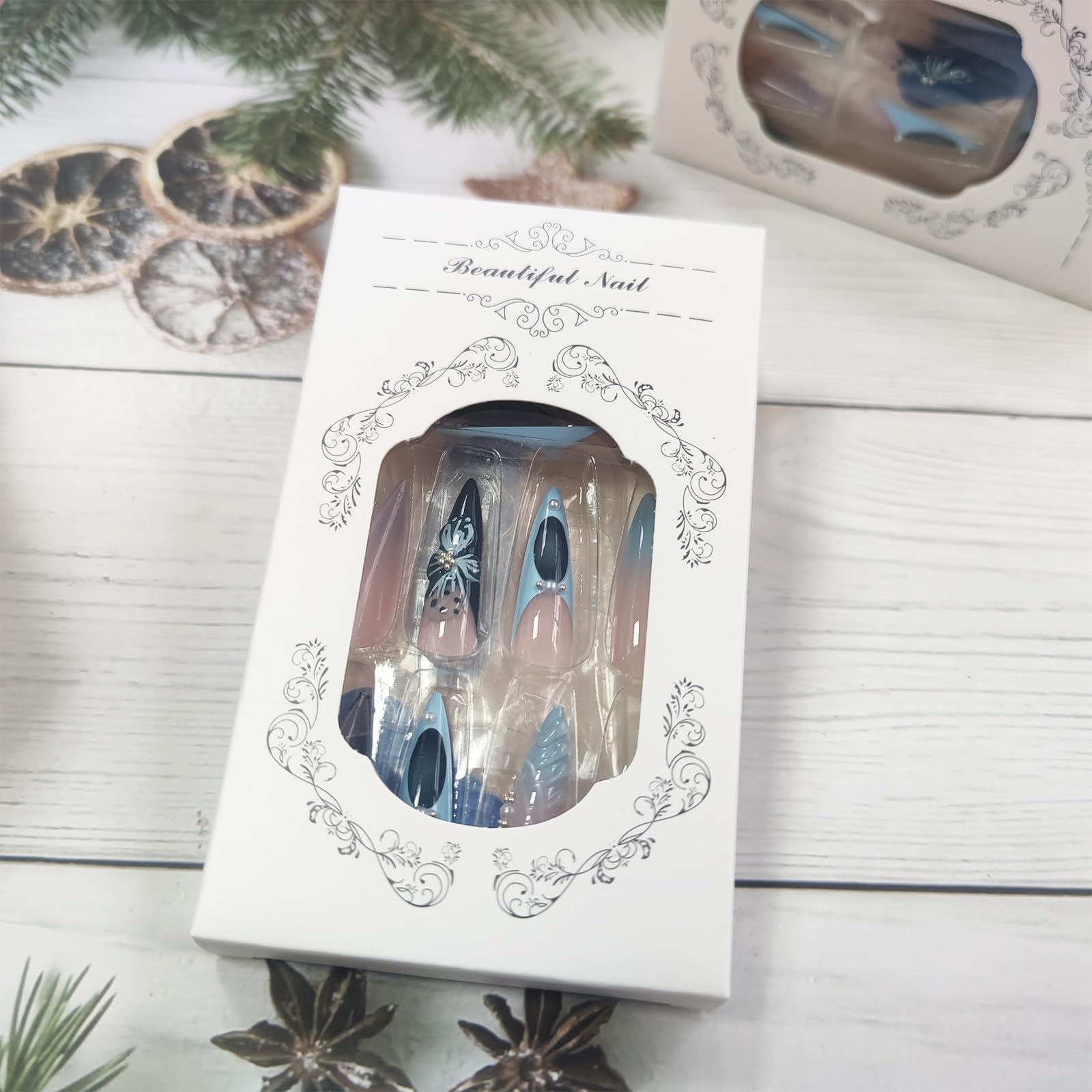 Blue French Tip Press on Nails - 24PCS 3D Floral Acrylic Fake Nails with Glossy Gradient & Pearl Accents | Long Stiletto Shape, Curve Line Design | Easy Glue-On False Nails for Women & Girls | Perfect for Parties, Weddings, and Special Occasions