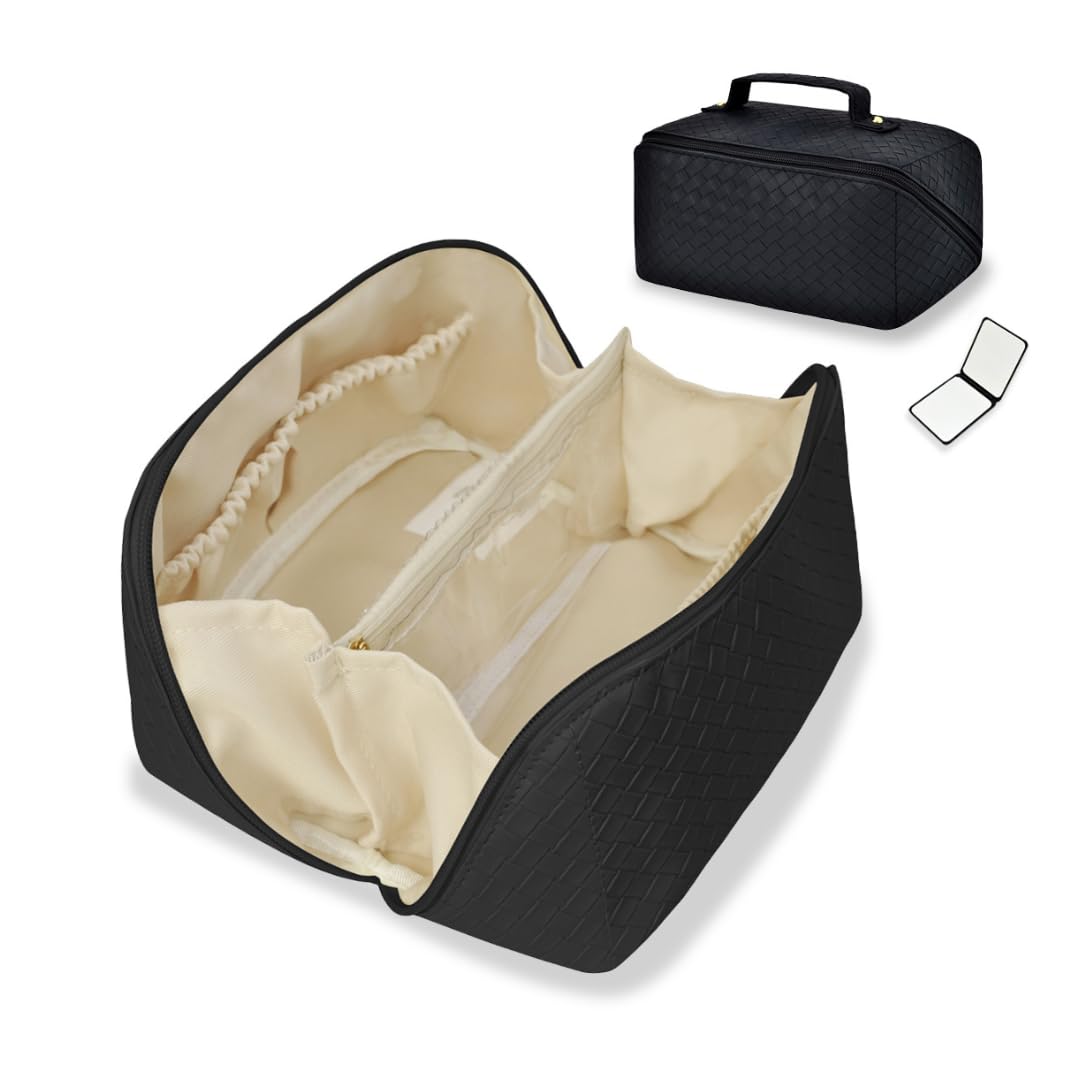 Travel Toiletry Bag for Women - Large Cosmetic Organizer with Mirror, Basket Weave Black - Perfect for Travel & Makeup Storage