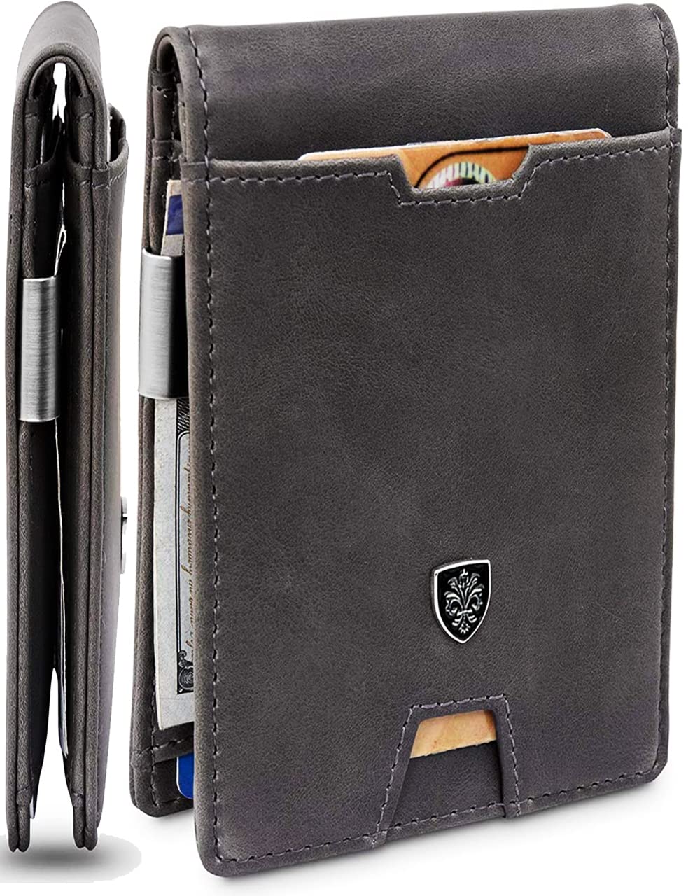 Roceline Minimalist RFID Blocking Slim Leather Wallet for Men - Bifold Front Pocket Credit Card Holder with Money Clip (Gray) - Perfect for Travel, Business & Everyday Use
