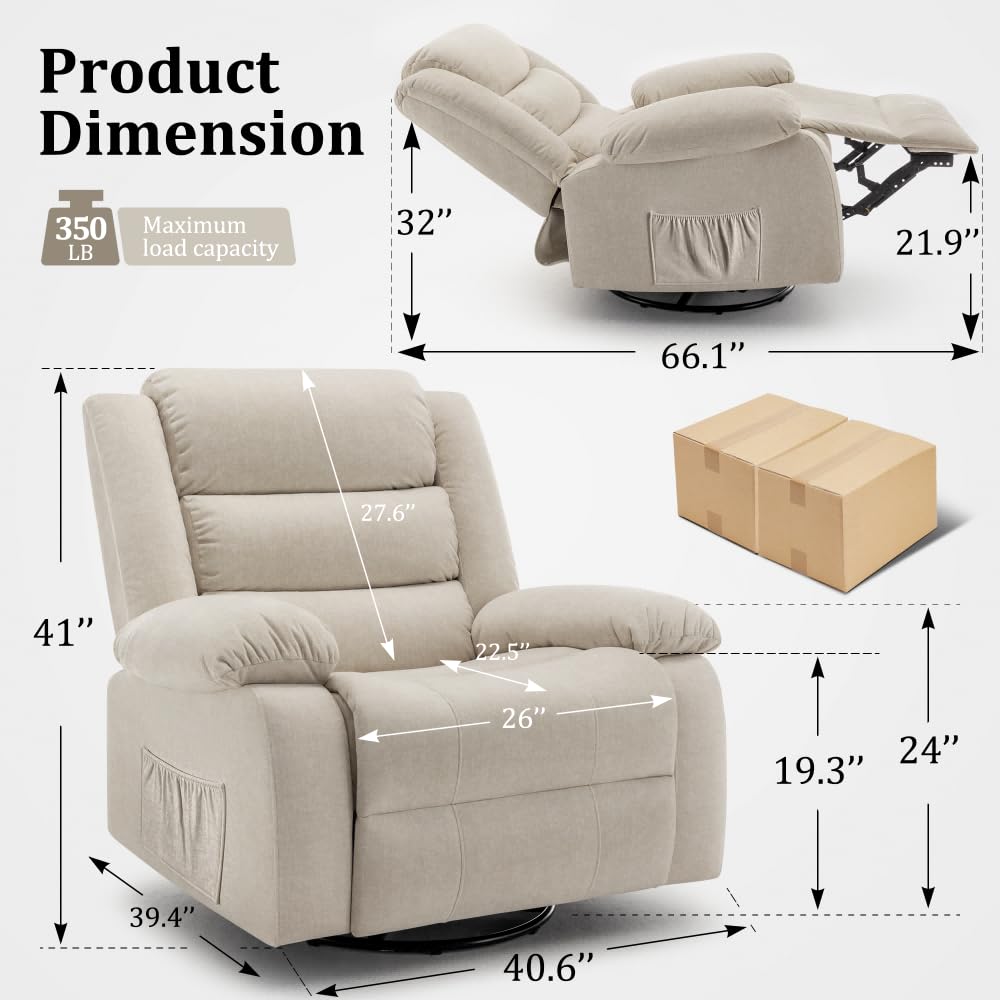 Premium Recliner Rocking Chair with Massage & Heat - 360° Swivel Oversized Adult Rocker, Soft Cashmere Upholstery, Beige Living Room Reclining Sofa - Perfect for Nursery, Home Theater & Relaxation Spaces