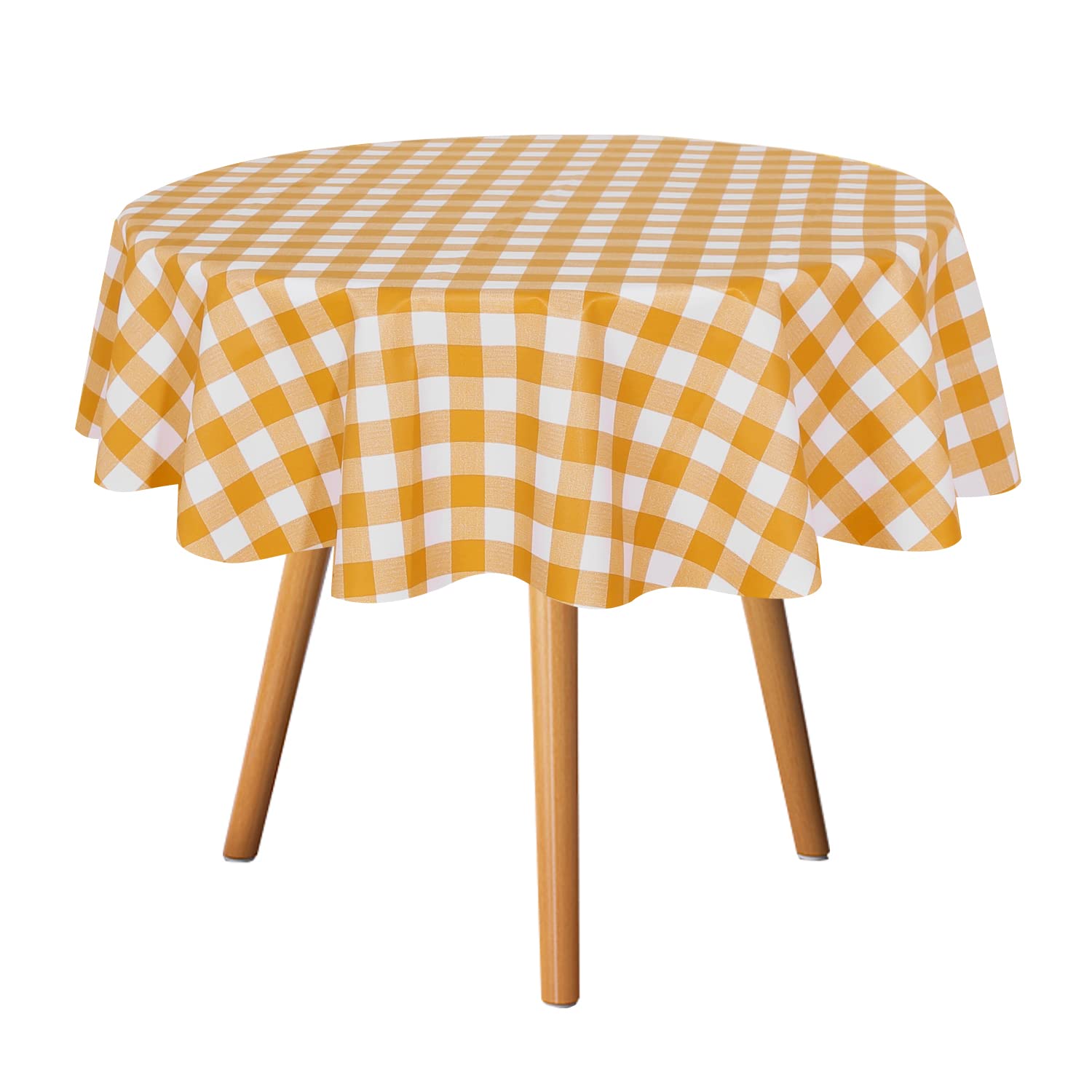 Sancua 54 Inch Checkered Vinyl Round Tablecloth - 100% Waterproof Oil Proof Spill Proof PVC Table Cover, Wipe Clean Washable Dining Table Cloth for Kitchen, Buffet Parties, Picnics & Camping (Yellow & White)