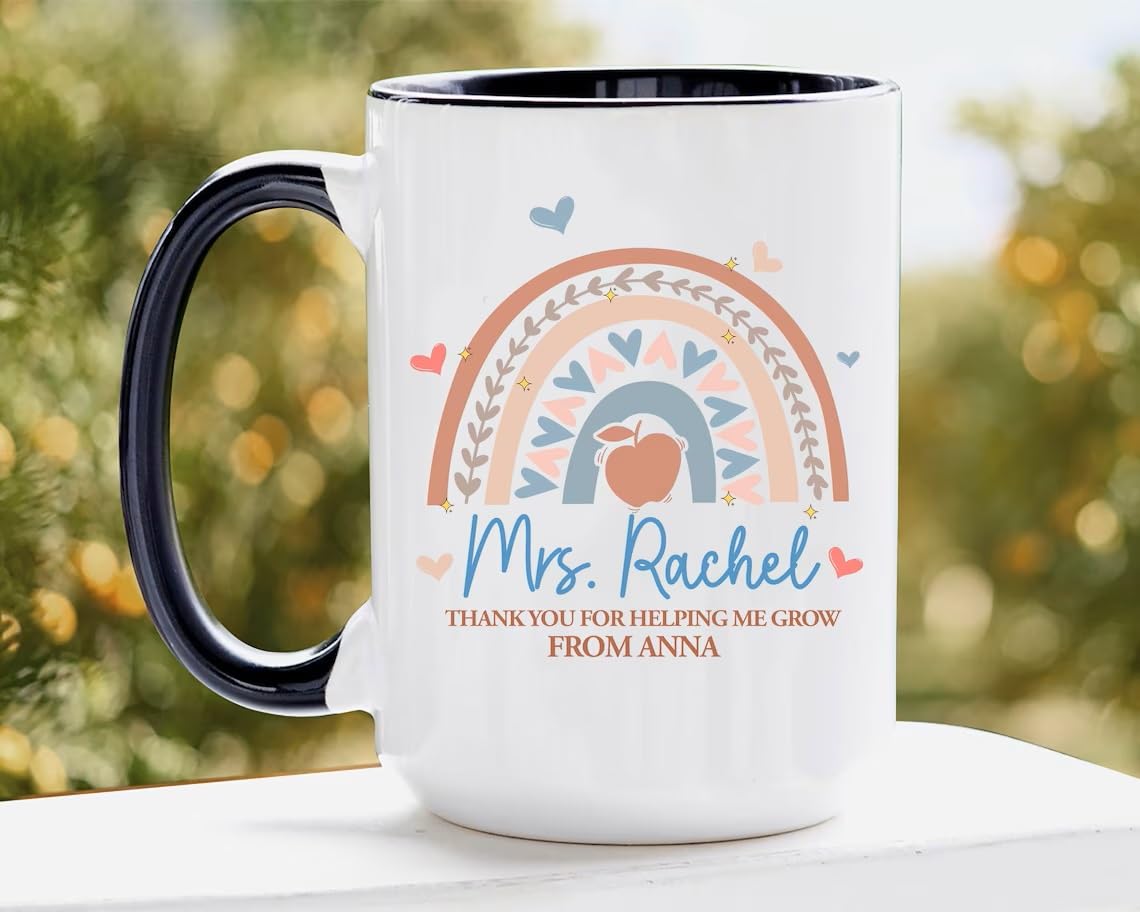 Personalized Teacher Coffee Mug - Custom Name Thank You Gift for Educators - Rainbow Design Ceramic Cup - Perfect for Teacher Appreciation, End of Term Gifts & Daily Coffee Breaks
