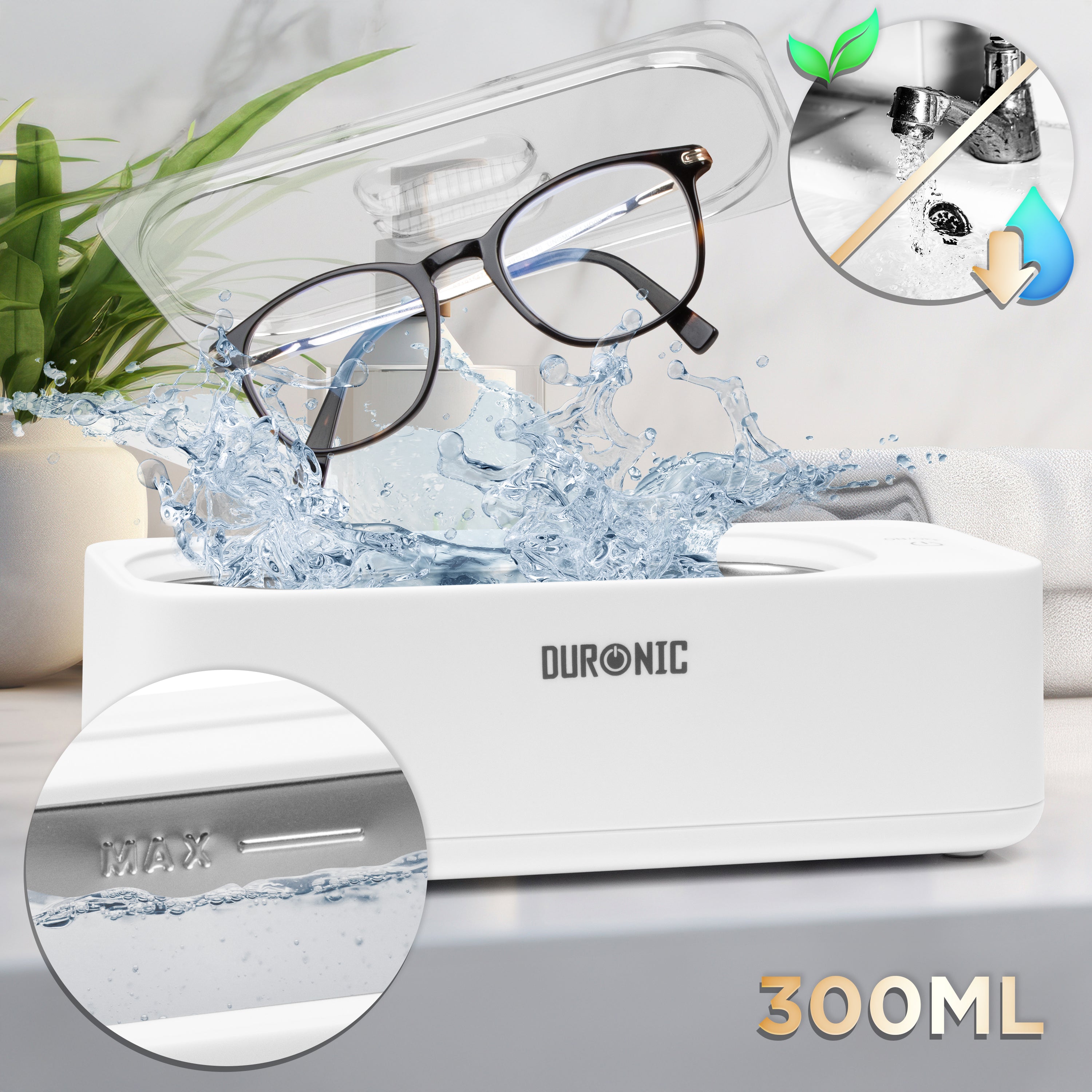 Duronic UC30 Ultrasonic Cleaner - 300ml Portable Jewelry Cleaner with 53KHz Frequency | Compact 18W Watch, Retainer, Denture & Glasses Cleaner | Perfect for Home, Travel & Professional Jewelry Care