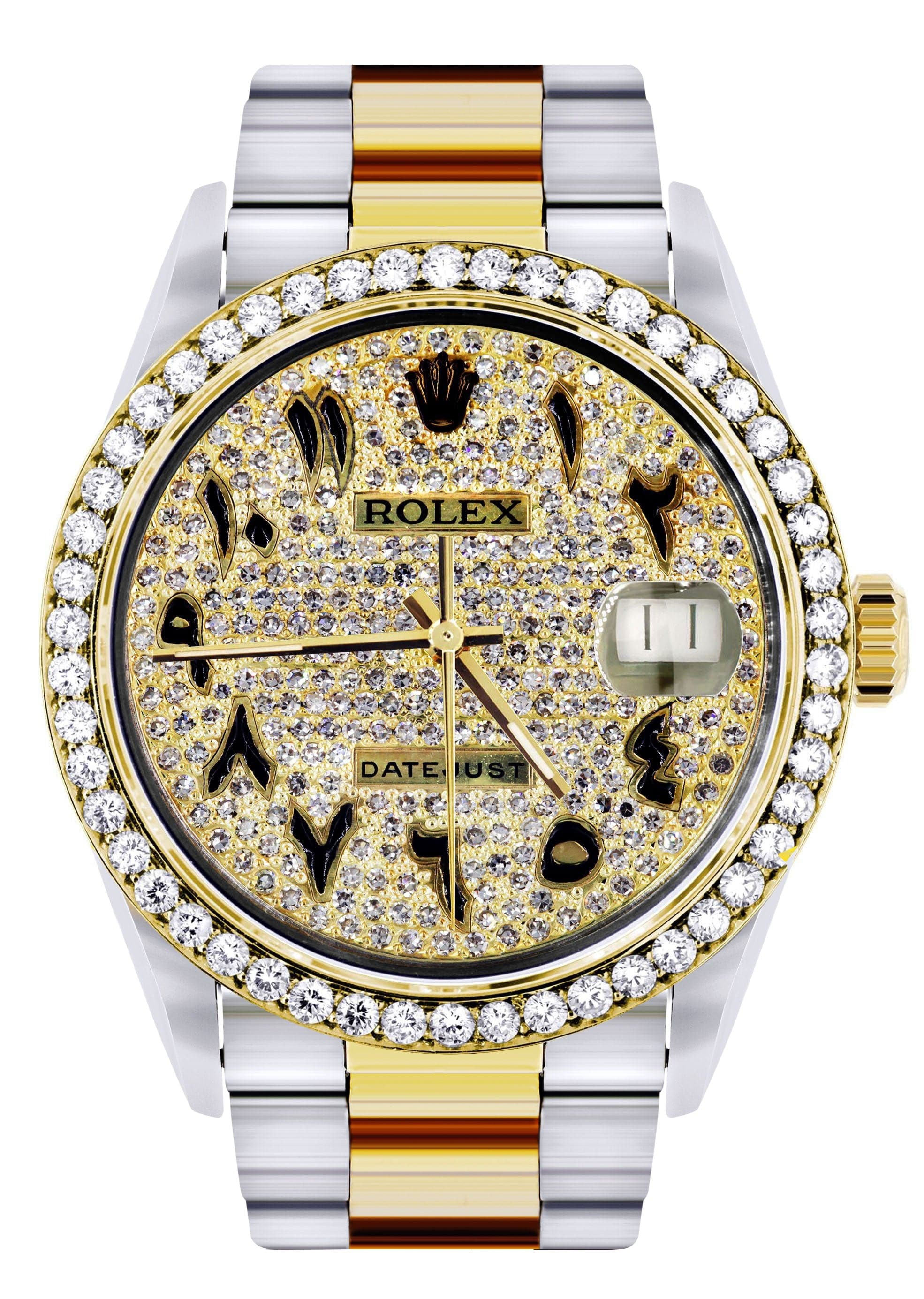 Luxury Diamond Gold Rolex Watch for Men 16233 | 36mm Black Arabic Full Diamond Dial | Oyster Bracelet | Perfect for Formal Events & Business Meetings