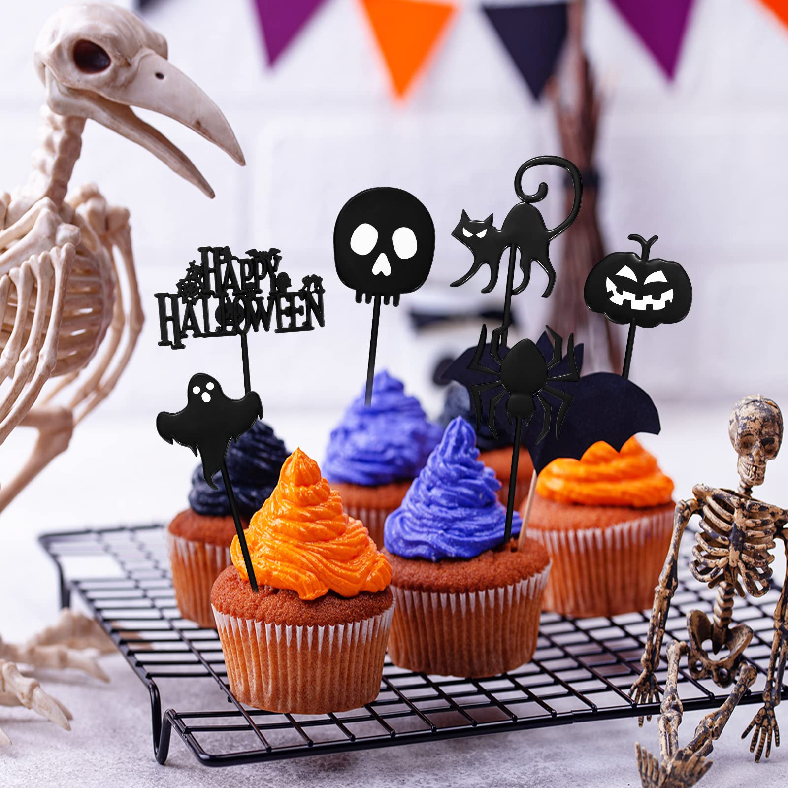 64 Pcs Halloween Cupcake Toppers - Plastic Ghost Picks for Party Decorations, Kids Birthday, Halloween Treats & Dessert Displays