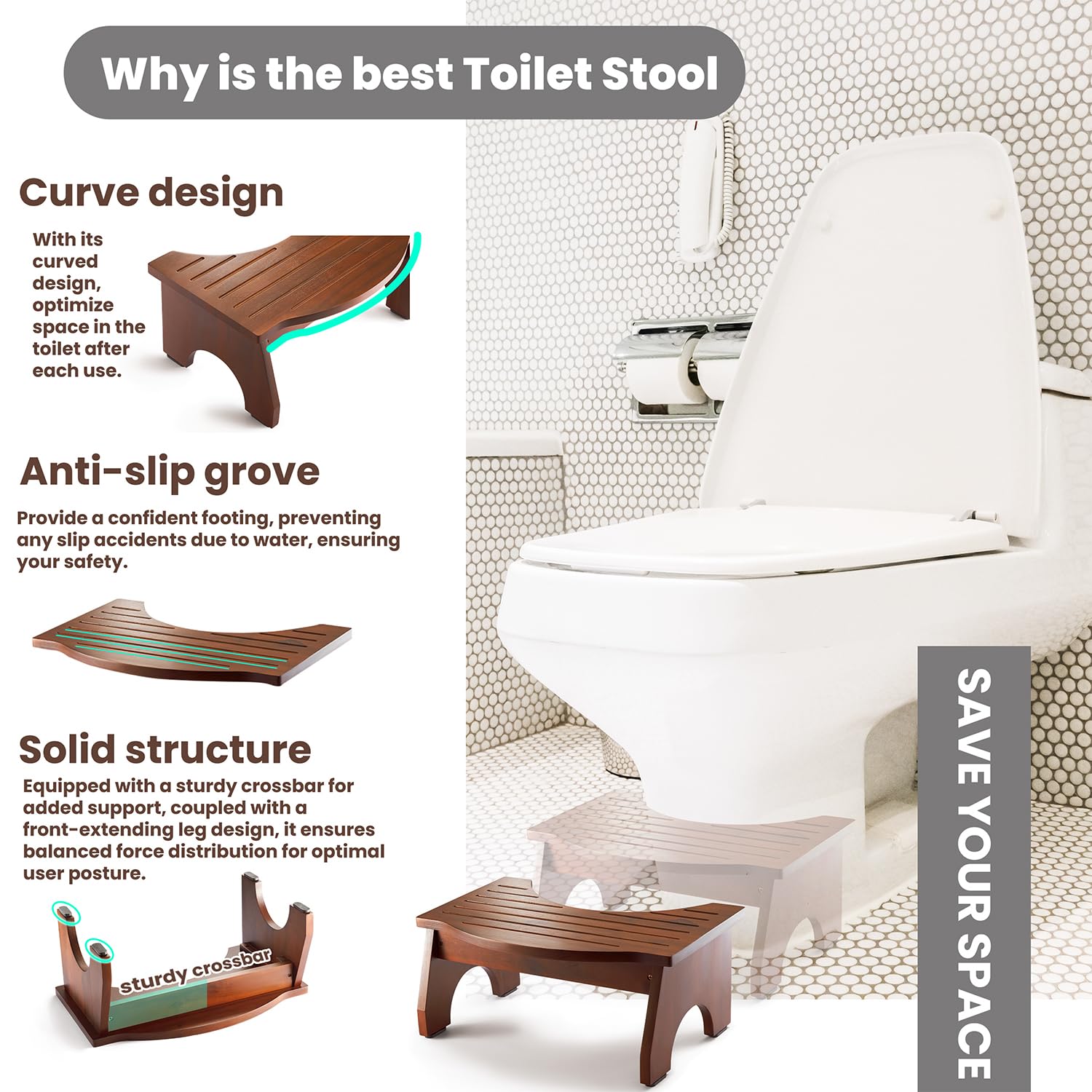 HOLANA Acacia Wood Squatting Toilet Stool for Adults & Kids - 7.2