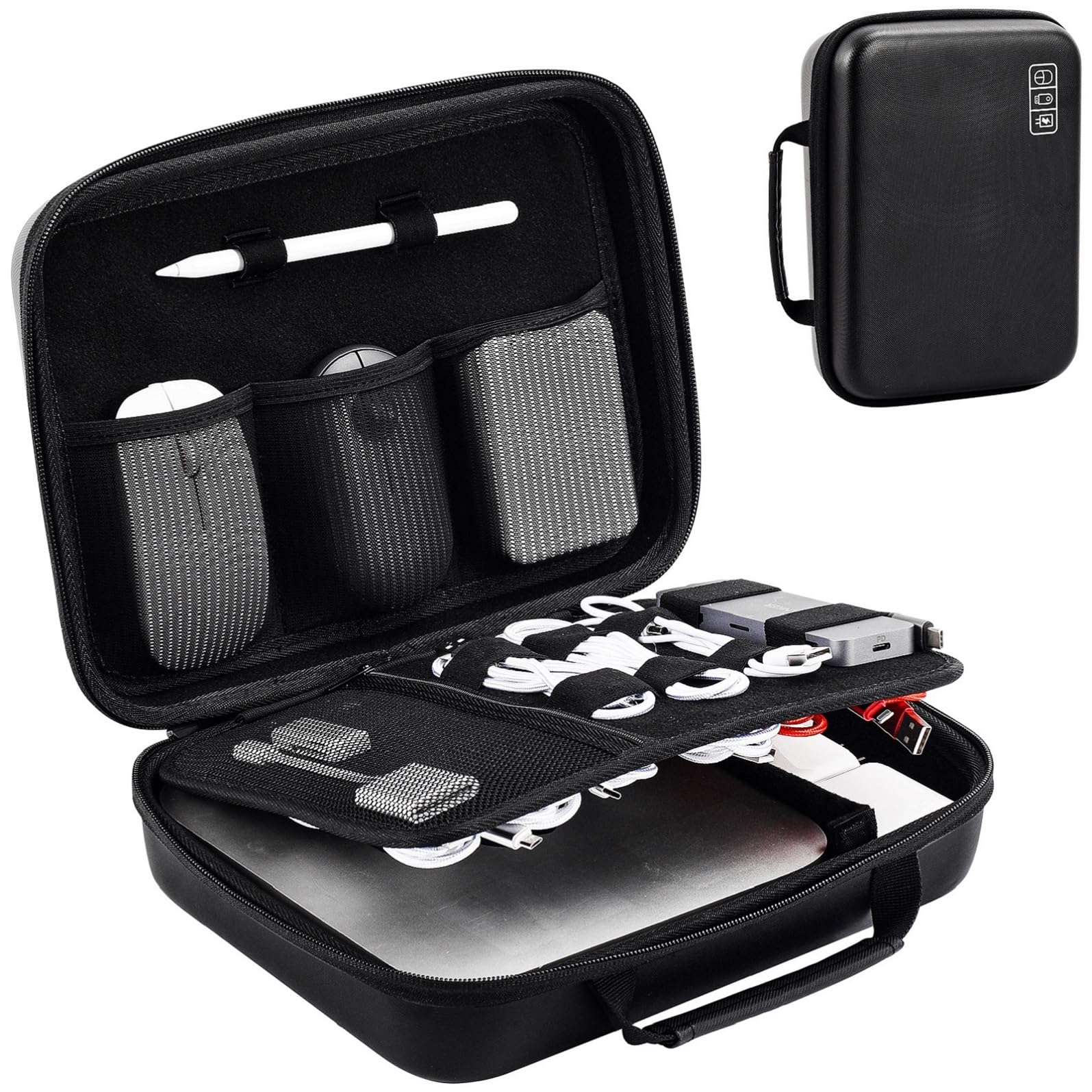 ProCase XL Black Hard Travel Electronic Organizer Case - Compatible with MacBook, Power Adapter, Chargers, Cables, Power Bank, Apple Magic Mouse, Apple Pencil, USB Flash Drive & SD Cards | Portable Accessories Bag for Business Travel, Office, and Daily Commute