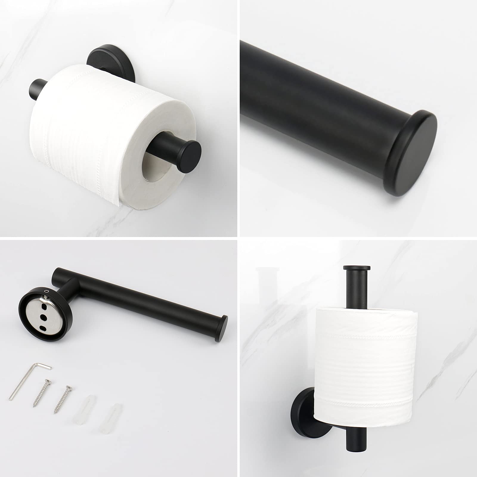 NearMoon 4-Piece Matte Black Stainless Steel Bathroom Hardware Set - Includes Towel Ring, Toilet Paper Holder & 2 Robe Hooks - Wall Mounted Bath Accessories for Modern Home Decor (Perfect for Bathroom, Powder Room & Spa Style Vanity)