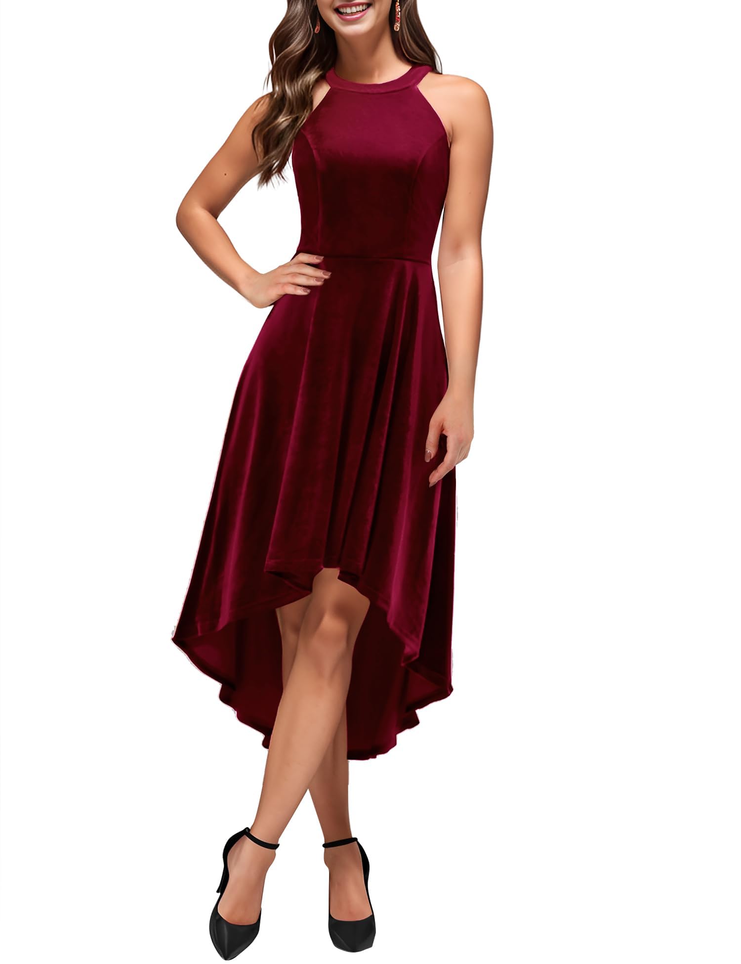 Elegant Velvet Hi-Lo Halter Cocktail Dress for Women - Formal Wedding Guest & Evening Party Gown - Perfect for Holiday Parties, Date Nights & Special Occasions