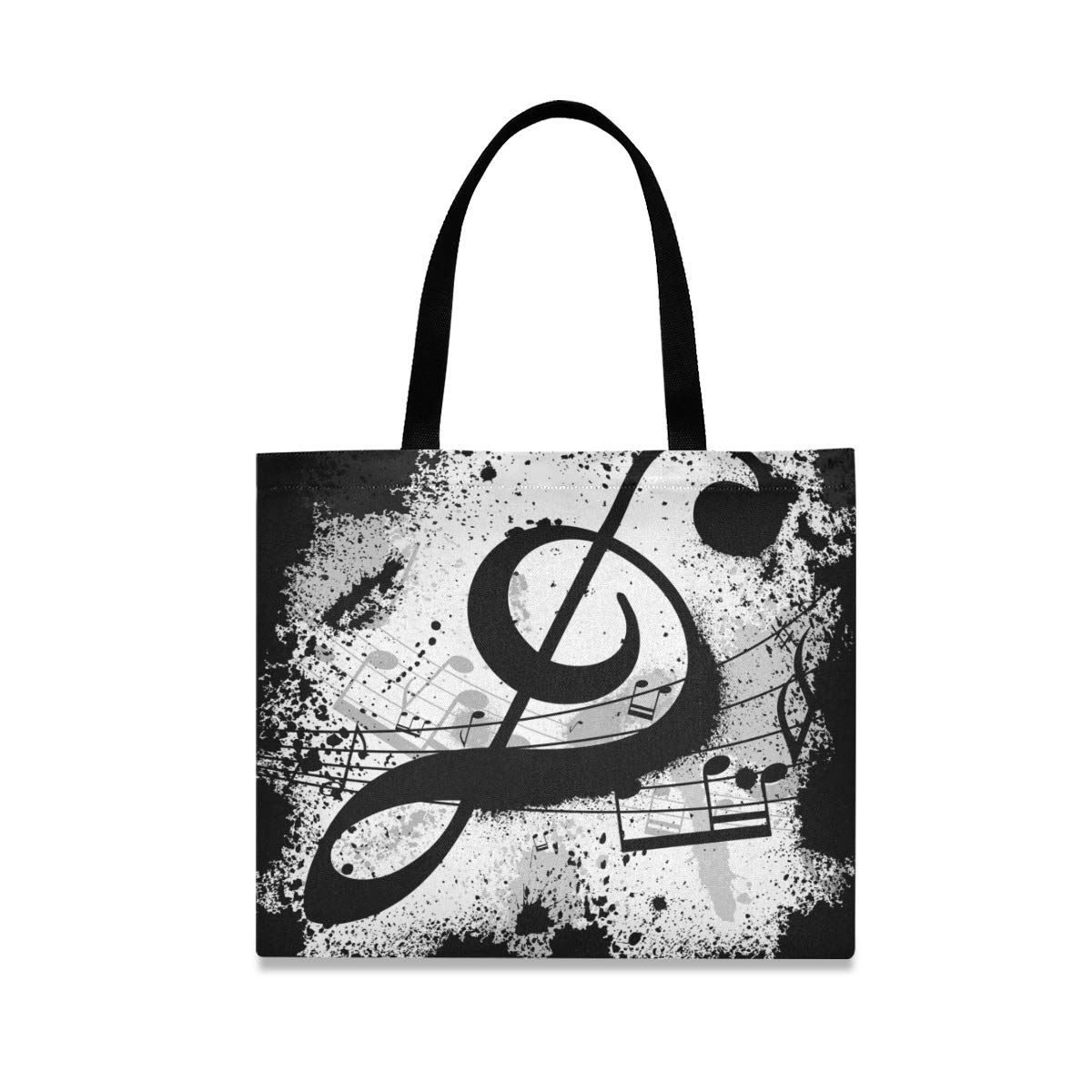 Black Music Notes Canvas Tote Bag for Women - Large Reusable Grocery Bag with Interior Pocket - Perfect for Shopping, Gym, Beach, Travel & Outdoor Activities