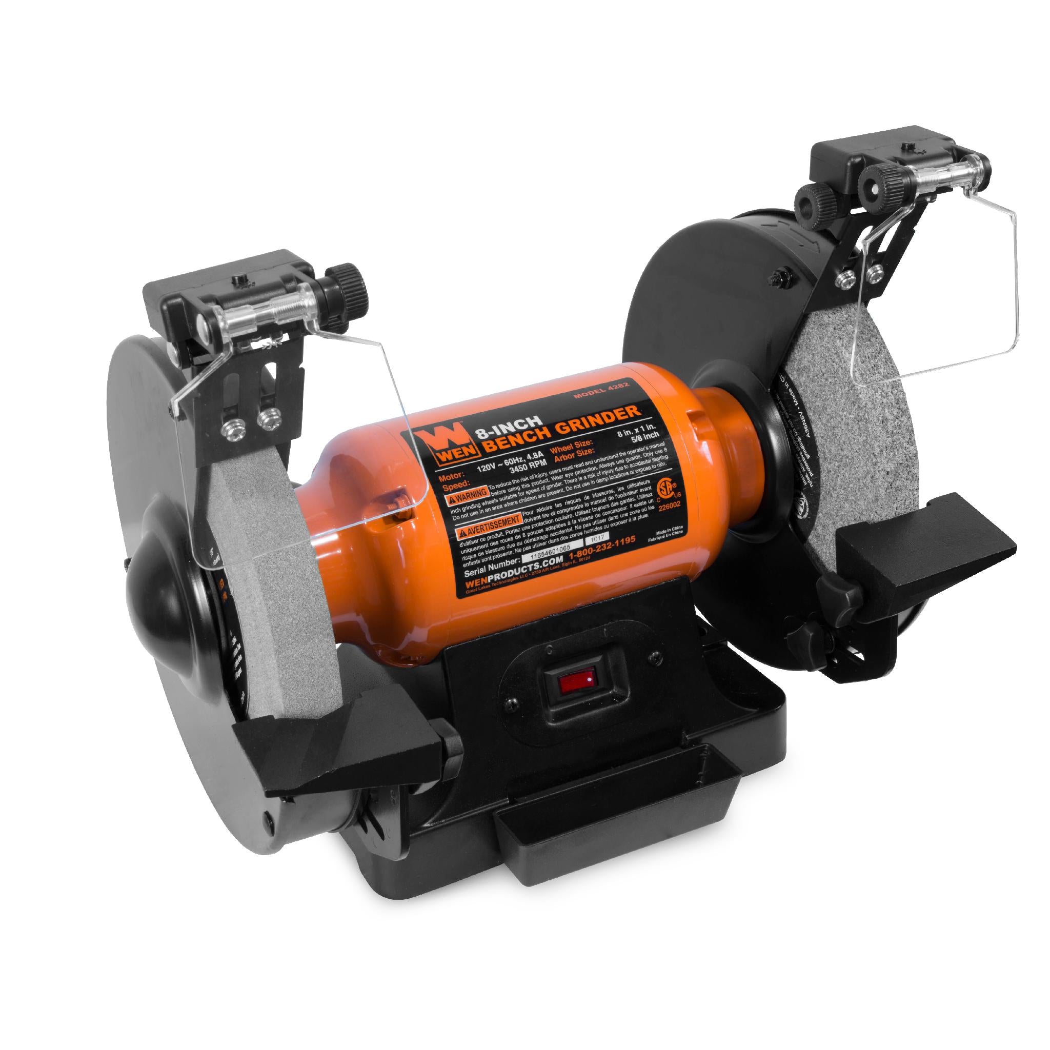 WEN BG4282 4.8 Amp 8 Inch Single Speed Bench Grinder with LED Work Lights - Heavy Duty Metal Grinding & Sharpening Tool for Workshop, DIY Projects & Home Improvement
