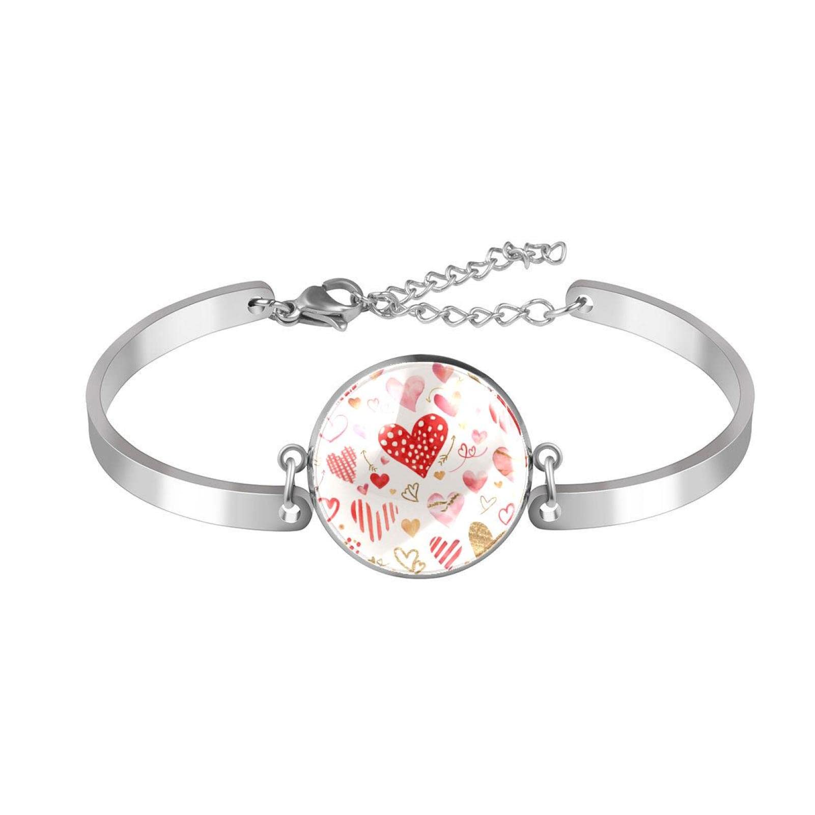 Adjustable Stainless Steel Heart Bangle Bracelet - Watercolor Design for Women, Gift for Her, Perfect for Valentine's Day & Anniversary