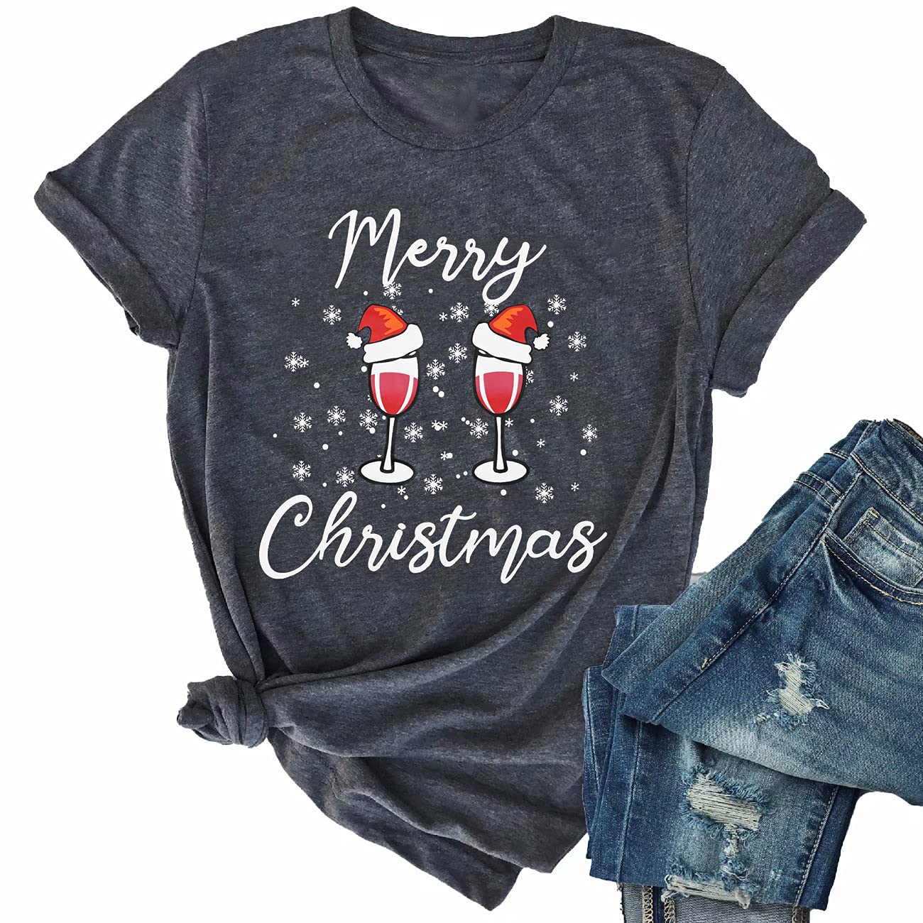 Merry Christmas T-Shirt for Women - Festive Santa Hat & Wine Glass Graphic Holiday Tee - Perfect for Xmas Parties, Gift Exchanges & Family Gatherings