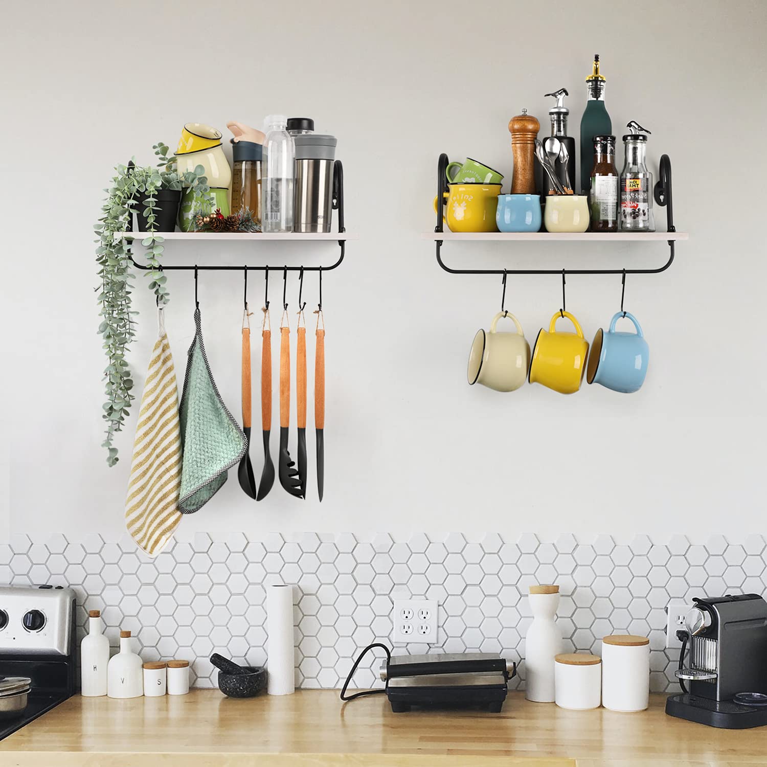Olakee Set of 2 Floating Wall Shelves - 17x5.9 Inch Rustic Wooden Shelves with 10 Adjustable Hooks for Kitchen, Bathroom, Coffee Nook - Perfect for Mugs, Cooking Utensils, Towels & Home Organization (White) - Ideal for Small Space Storage & Farmhouse Decor