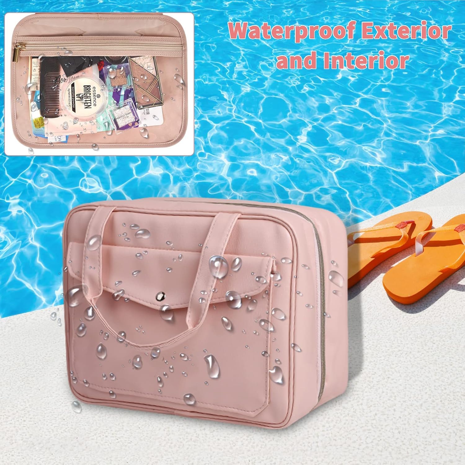 Waterproof Hanging Toiletry Bag for Women - Large Travel Makeup Organizer with Multiple Compartments, Foldable Cosmetic Bag (Pink) - Perfect for Travel, Gym, Camping & Daily Use