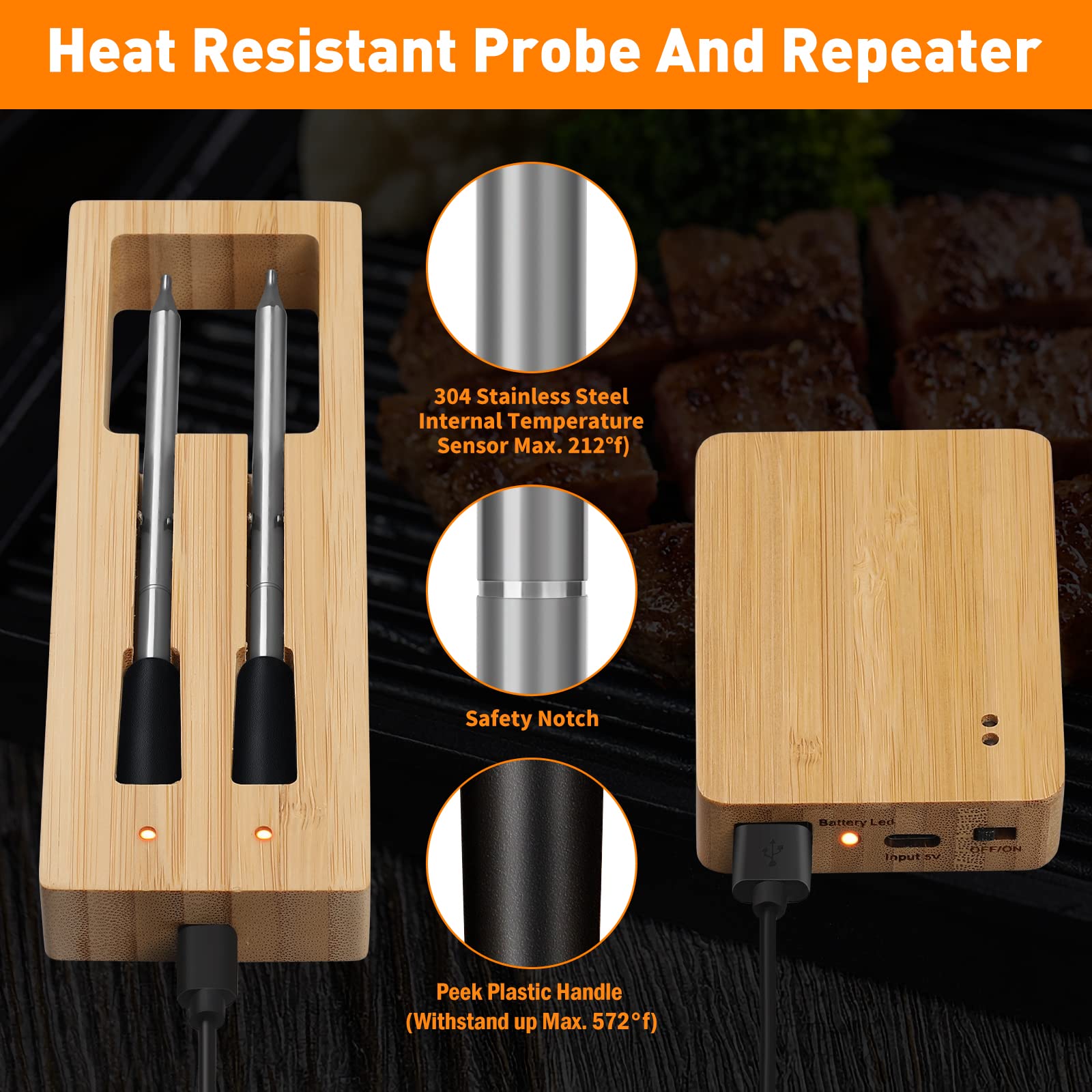 Smart Wireless Meat Thermometer with Bluetooth 260ft Range - Digital Cooking Thermometer for Grilling, Smoking, Oven, BBQ & Rotisserie (2 Probes) | Perfect for Outdoor Cooking, Home Kitchen & Backyard Parties