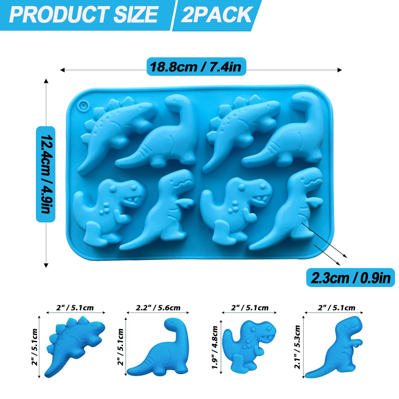 2 Pack Blue Silicone Dinosaur Molds - 3D Dinosaur Jello, Chocolate, Candy, Cookie & Soap Molds for Baking, Crayons, Desserts, Cupcake Toppers & Cake Decorations - Perfect for Kids Birthday Parties, DIY Crafts & Holiday Treats