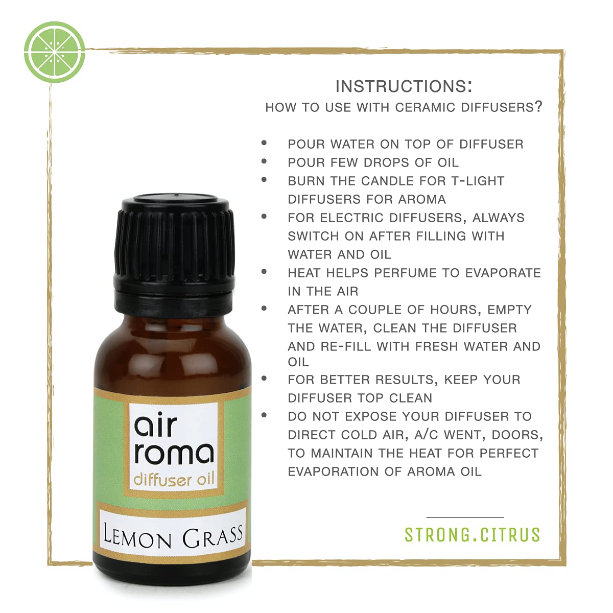 AIR-ROMA Ceramic Aroma Diffuser Burner with 10ml Lemongrass Essential Oil & 2 Candles - Strong Long-Lasting Fragrance for Home, Office, Spa & Yoga Room Relaxation