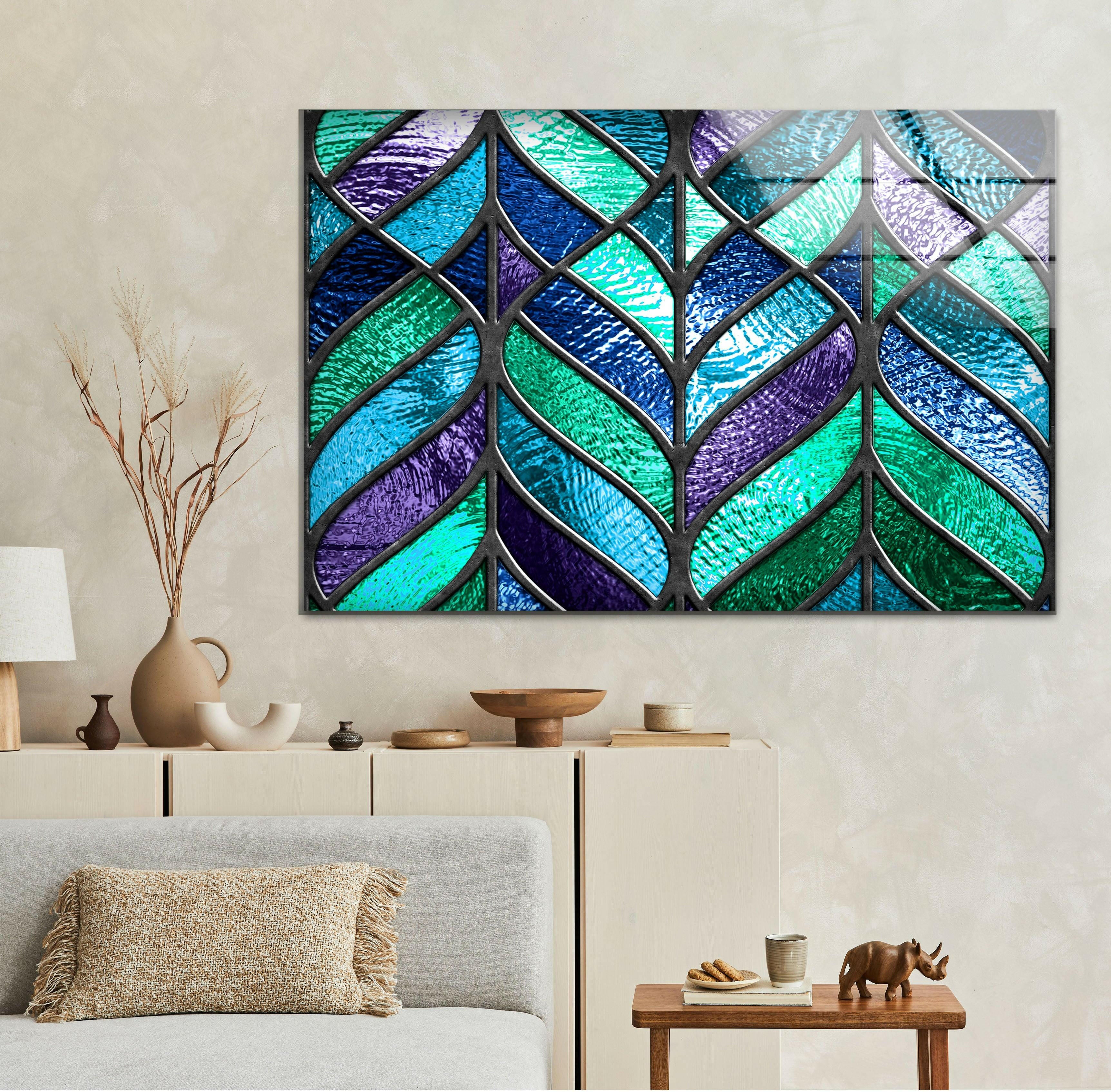 Blue and Green Abstract Glass Wall Art - Modern Handmade Glass Painting for Home & Office Decor - Perfect for Living Room, Bedroom, or Office Wall Decor