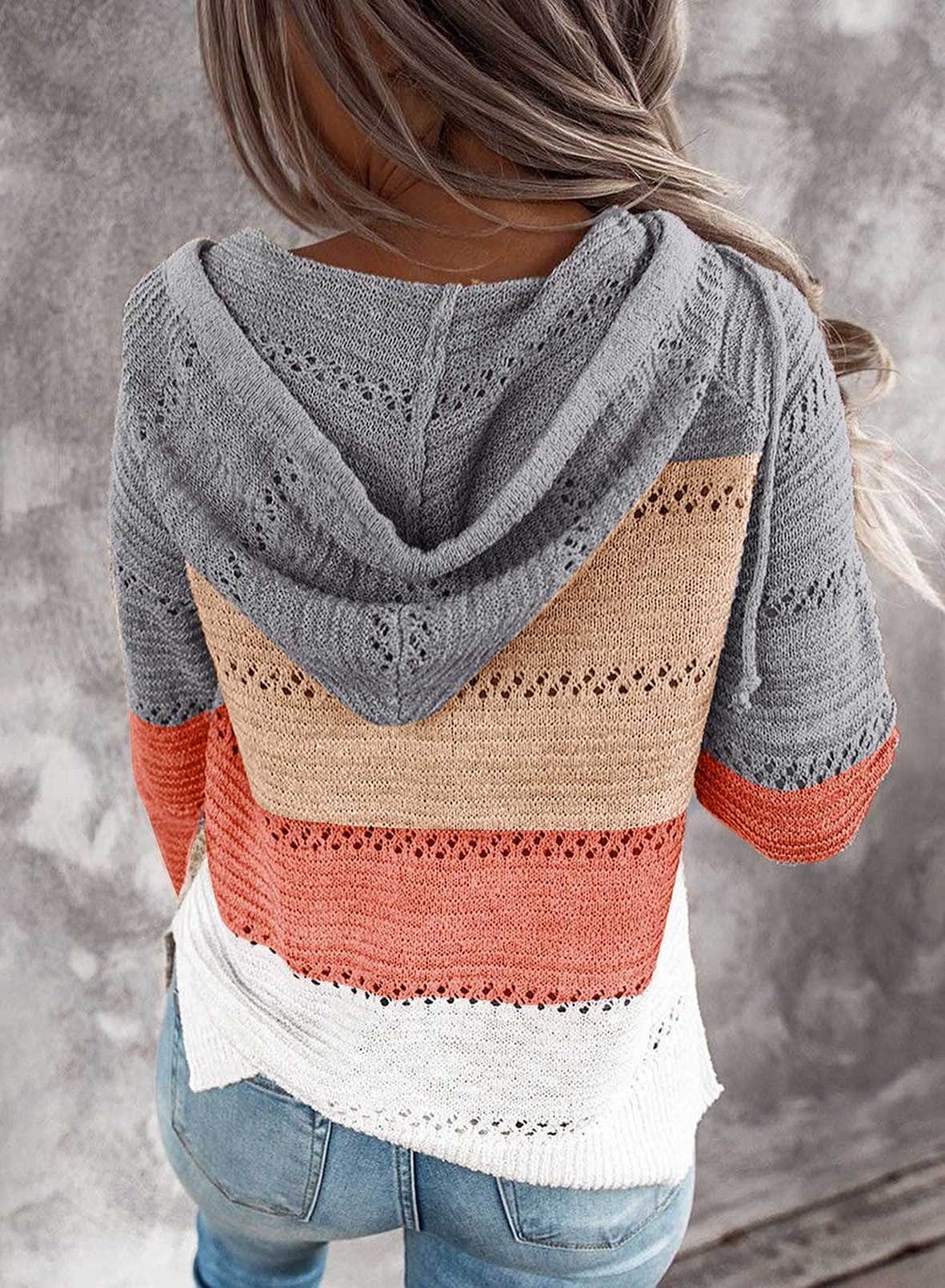 FEKOAFE Women's 2025 Fall Striped Color Block Hoodie - V Neck Knit Sweater Pullover for Casual Wear, Office & Outdoor Activities