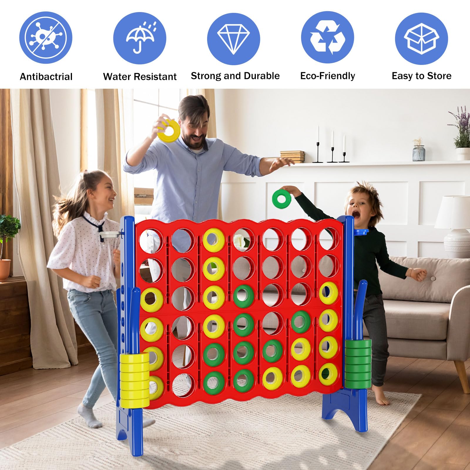 Giant 4 in a Row Connect Game Set - 4ft x 3.5ft Oversized Board with 44 Rings & Cup Holder - Includes Carry Bag for Easy Transport - Indoor & Outdoor Yard Games for Kids, Adults, Family - Perfect for Backyard Parties, BBQs, Picnics, and Beach Fun (Red & Blue)