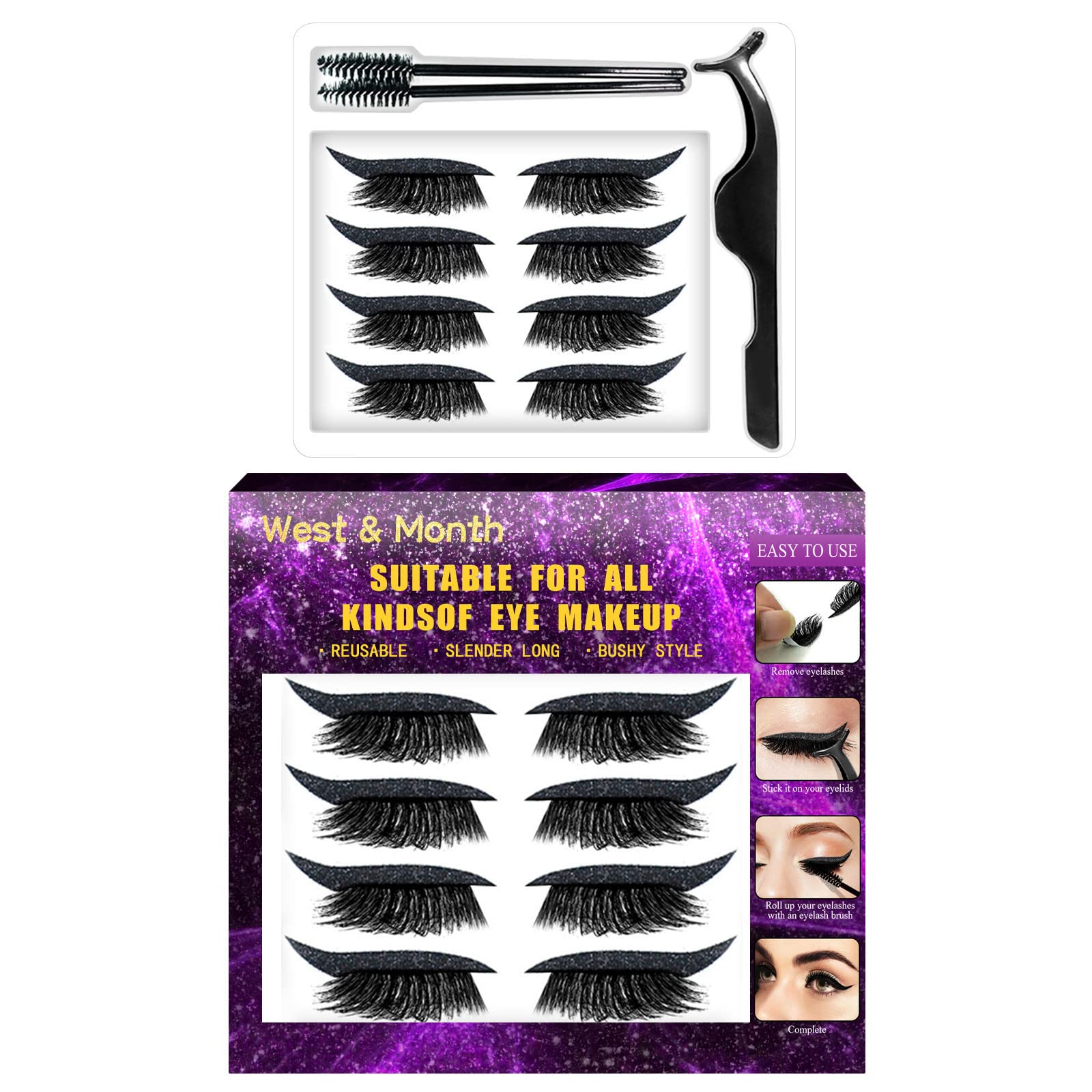 Natural-Looking False Eyelashes & Eyeliner Stickers 2-in-1 Set - 4 Pairs Reusable Fake Lashes for Everyday Glam & Special Occasions