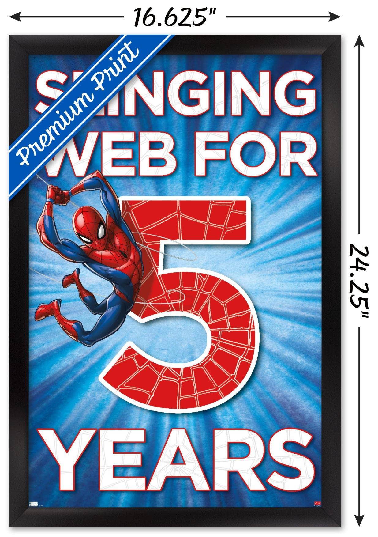Marvel Spider-Man Happy 5th Birthday Wall Poster - 22.4x14.7 Inches Black Framed Superhero Decor for Kids Room, Birthday Party & Nursery - Officially Licensed Marvel Merchandise