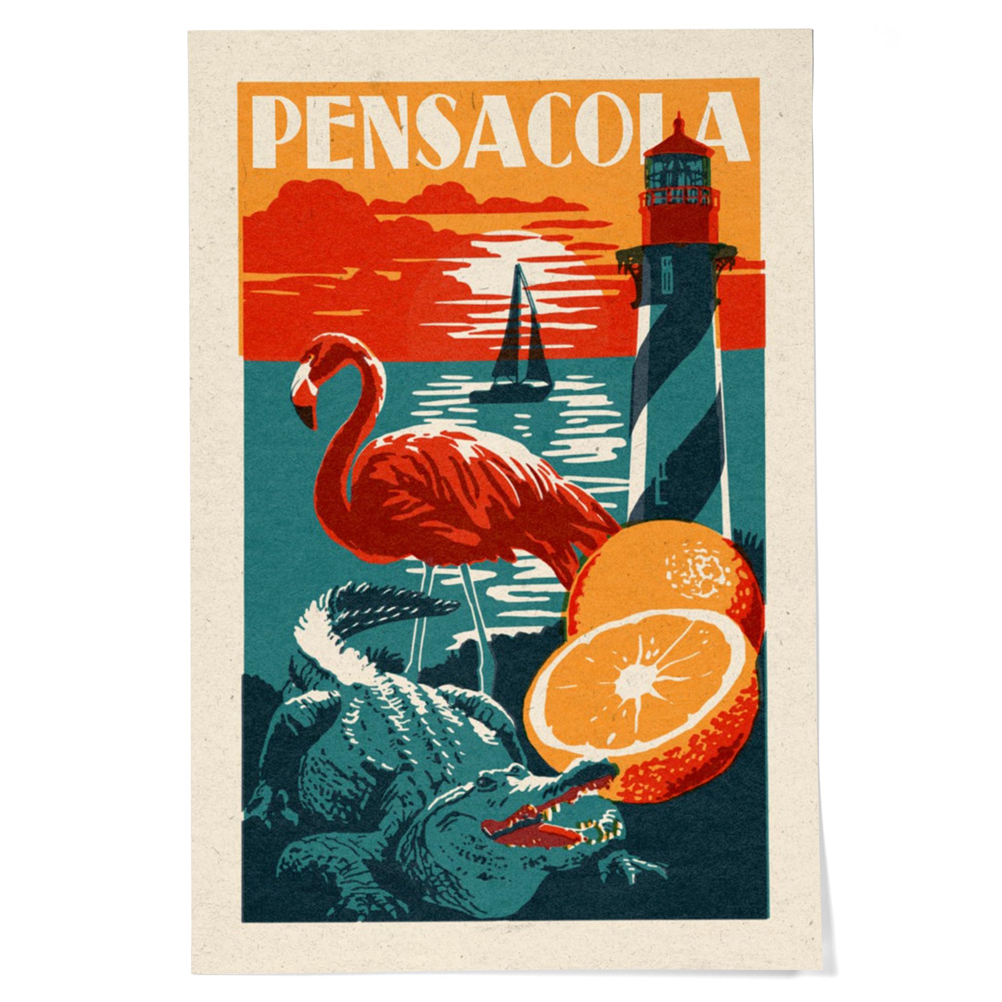 Lantern Press 24x36 Inch Giclee Art Print - Pensacola Florida Woodblock Wall Decor | Coastal Home Decor, Beach House Artwork, Living Room Wall Art
