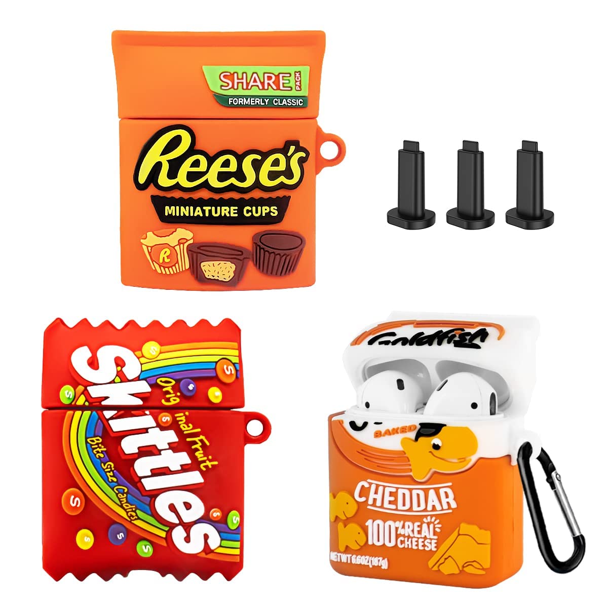 3-Pack Cute AirPods Case Cover for 2nd Generation - Funny Goldfish, Rainbow Candy & Chocolate Food Design, Soft Silicone Protective Case for Apple AirPods 1/2 - Kawaii Cartoon Style with Keychain - Perfect Gift for Women, Girls & Boys - Great for School, Work, Travel & Daily Use