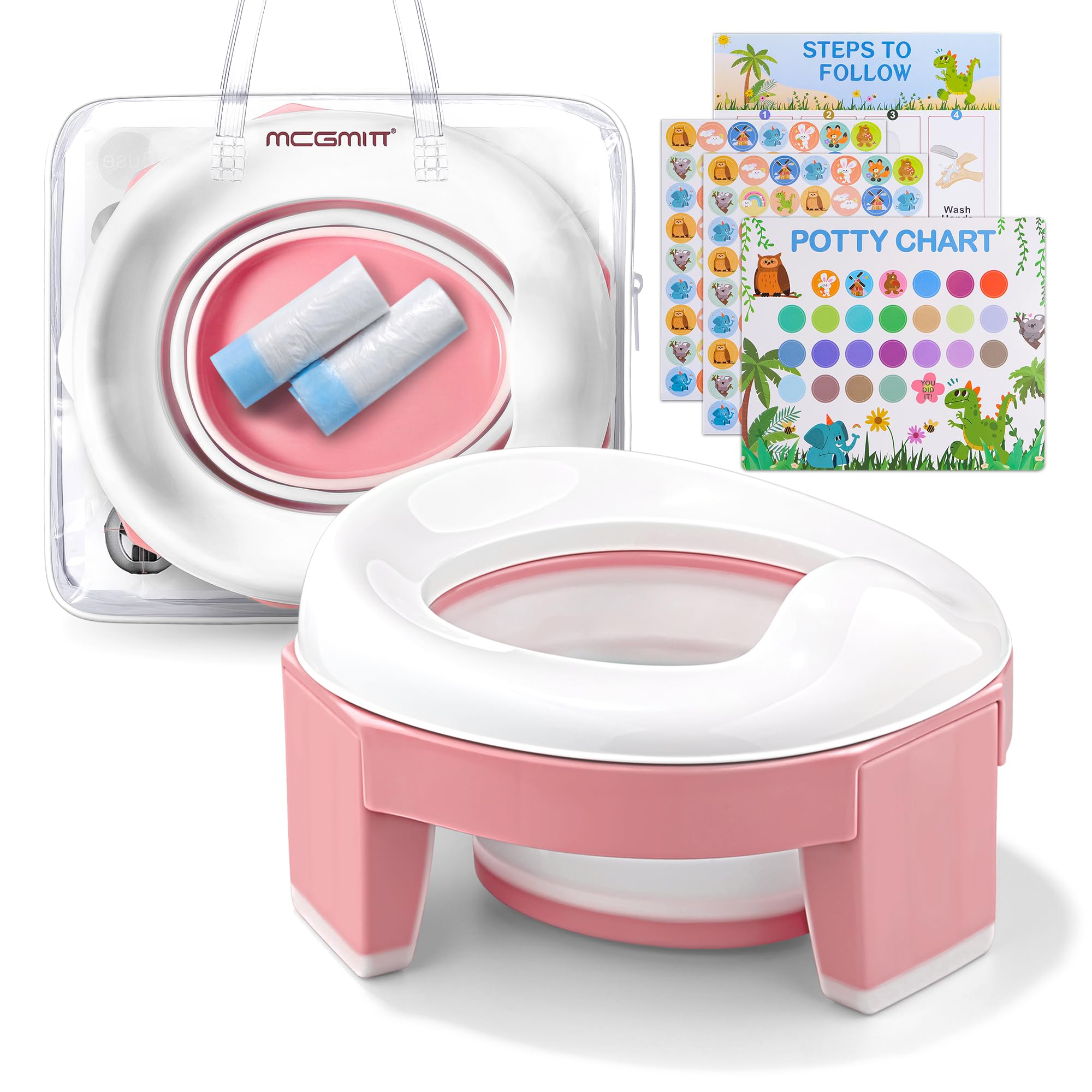 MCGMITT Foldable Portable Potty Seat for Toddlers - Kids Travel Training Toilet Chair with Storage Bag for Girls & Boys, Easy to Clean for Indoor & Outdoor Use - Perfect for Camping, Road Trips & Home (Pink)