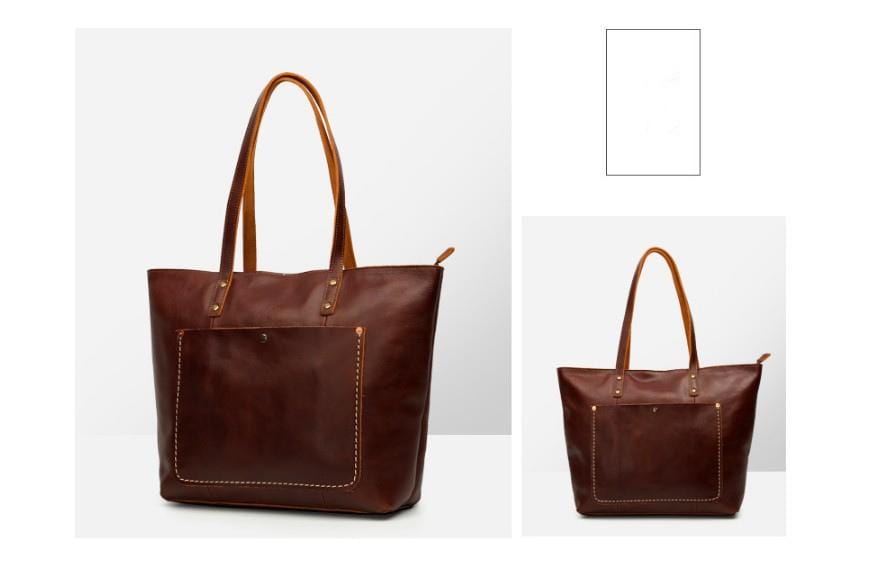 Premium Genuine Leather Tote Bag with Zipper - Stylish Women's Handbag for Work, Travel & Everyday Use