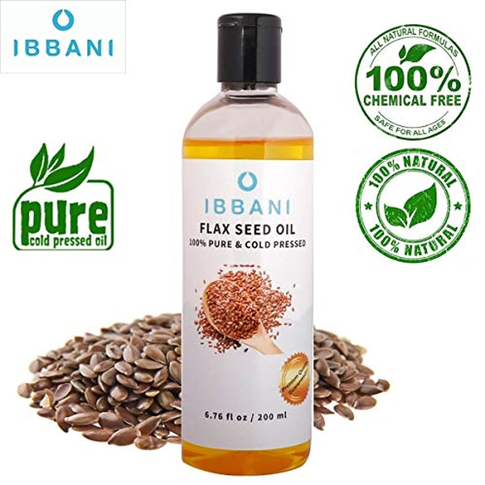 IBBANI 100% Pure Cold Pressed Flax Seed Oil for Skin & Hair Care - 200ml FSSAI Approved Natural Flaxseed Oil | Promotes Healthy Hair Growth & Glowing Skin | Perfect for Daily Moisturizing, Massage & DIY Beauty Treatments