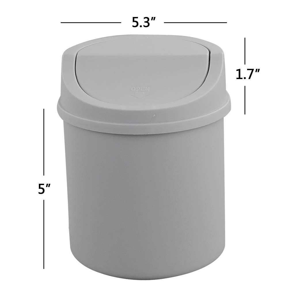 Small Plastic Desktop Trash Can with Swing Lid - Grey | Compact Office Waste Bin for Desk, Home, Dorm & Workspace | Perfect for Paper Clips, Tissues & Snack Wrappers