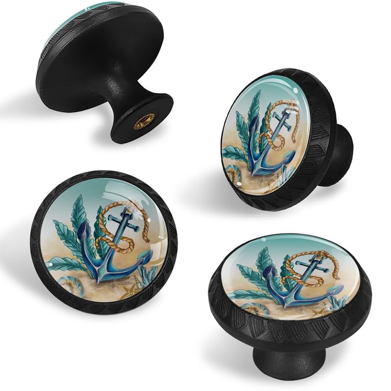 LORVIES 4 Pack Black Ocean Knobs - ABS Glass Drawer Pulls for Kitchen Cabinets & Bedroom Dressers (Sea Anchor Design)