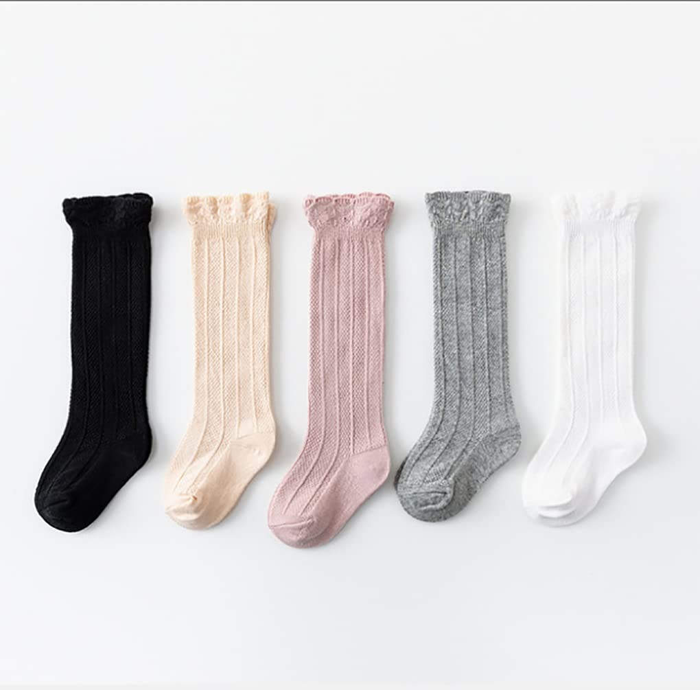 Jiuhong Baby Girl & Boy Lace Stockings - Soft Cotton Knit Knee-High Socks (5 Pairs) - Perfect for Newborn Photoshoots, Special Occasions & Everyday Wear