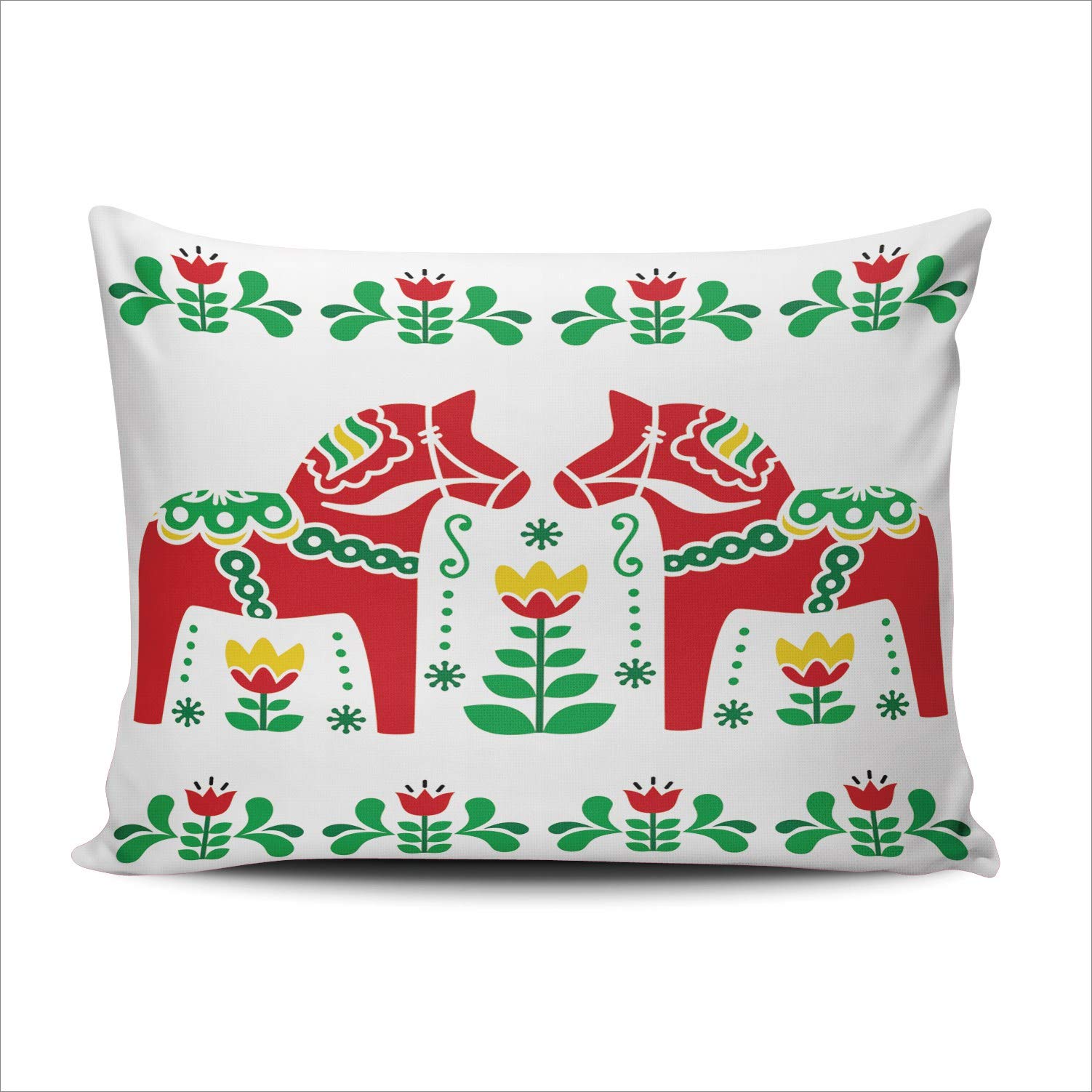Swedish Dala Horse Folk Throw Pillow Cover - Hidden Zipper Decorative Custom Pillow Case (20x26 Inches) - Perfect for Sofa, Bedroom & Living Room Decor