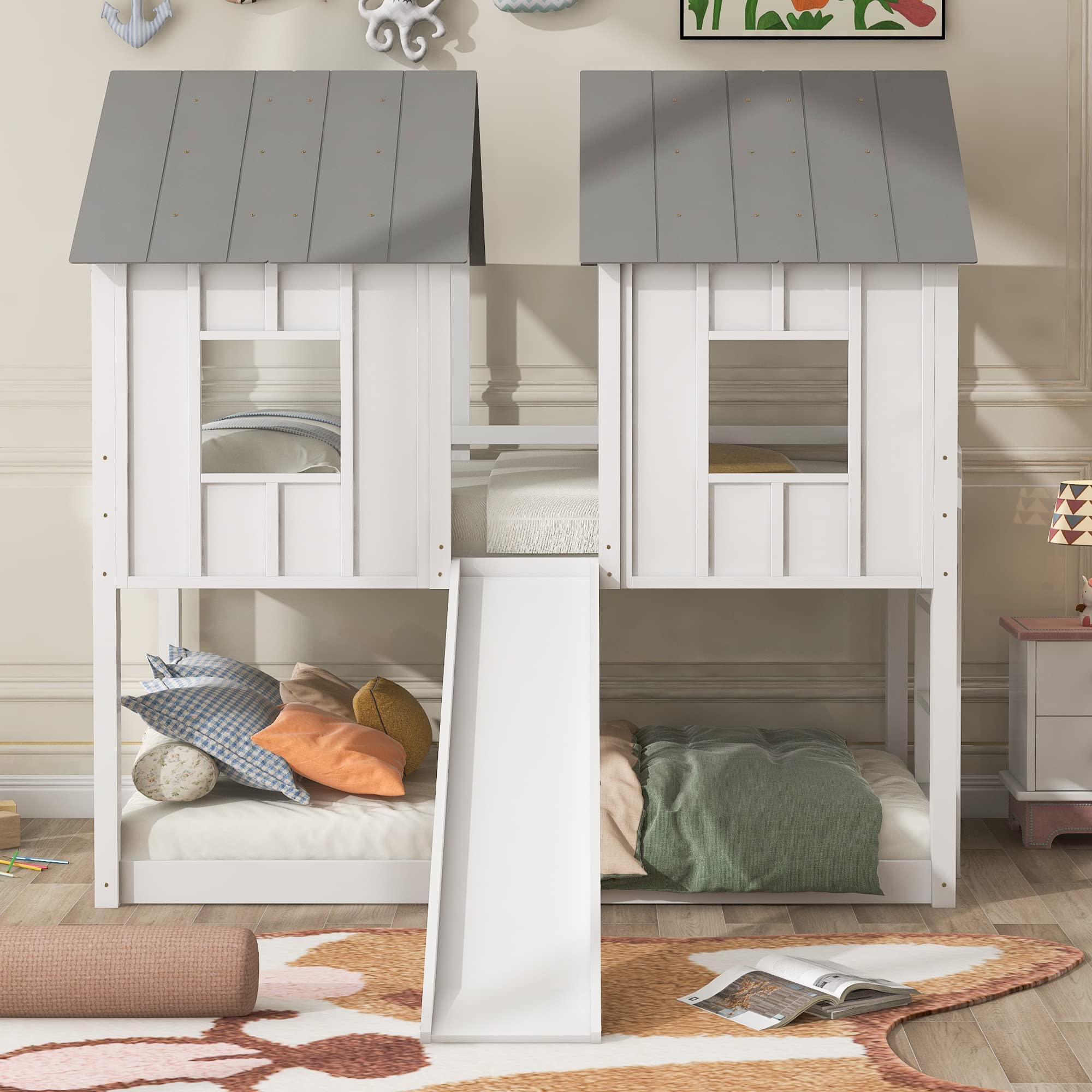 Twin Over Twin Solid Wood Bunk Bed with Slide, Safety Guardrail & Roof Window - Sturdy Low Bunk Bed Frame for Kids & Teens - Perfect for Small Bedrooms, Shared Kids' Rooms & Sleepovers