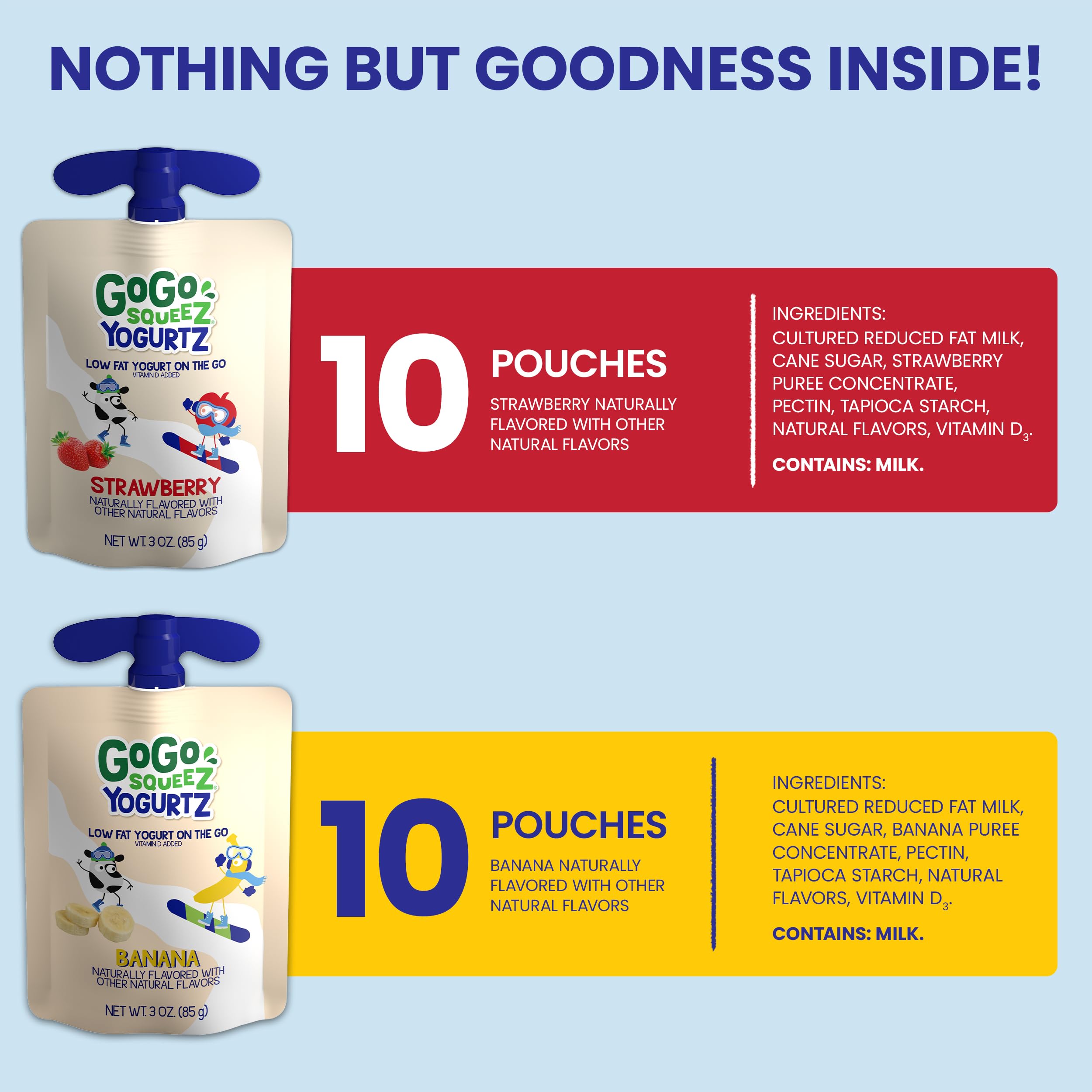 GoGo squeeZ Yogurt Variety Pack - Strawberry & Banana Flavored, 3oz Pouch (20 Pack) | Healthy Kids Snacks Made with Real Yogurt & Fruit | No Refrigeration Needed, Gluten Free, Nut Free, BPA Free | Perfect for School Lunches, Road Trips & On-the-Go Snacking