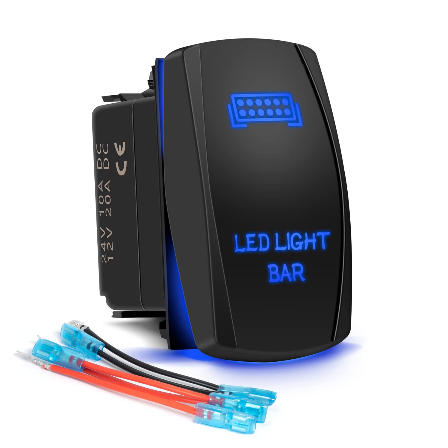 5-Pin LED Light Bar Rocker Switch with Blue Laser On/Off Indicator - 20A/12V & 10A/24V Toggle Switch with Jumper Wires - Ideal for Automotive, Marine, Truck, Jeep, Off-Road, Bus & RV Lighting Systems
