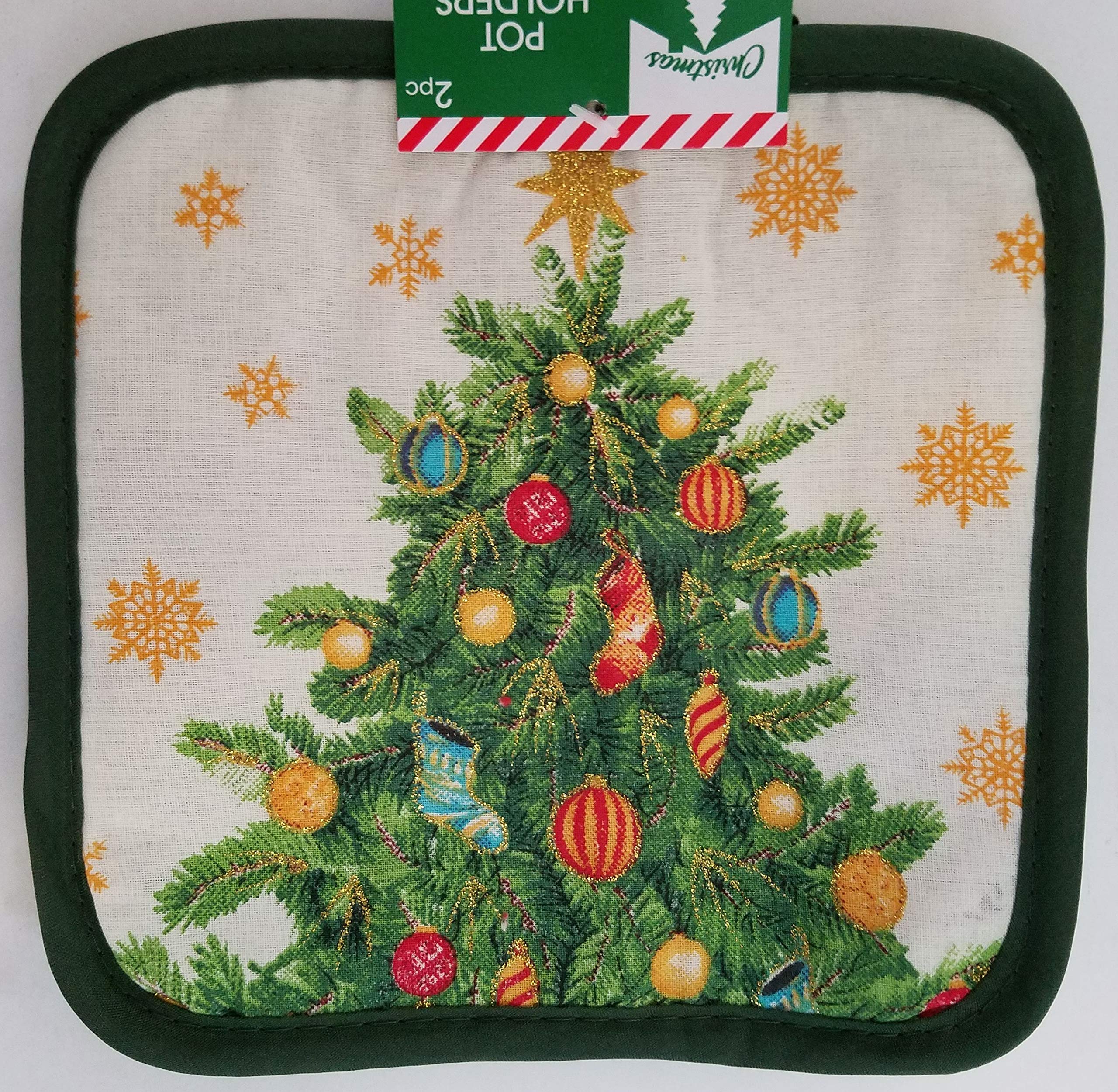 Christmas Linen 'Seasons Greetings' Pot Holders - Holiday Kitchen Essentials for Baking, Cooking & Festive Decor - Set of 2 Heat-Resistant Oven Mitts with Christmas Tree Design - Perfect Gift for Home Chefs & Holiday Hosting