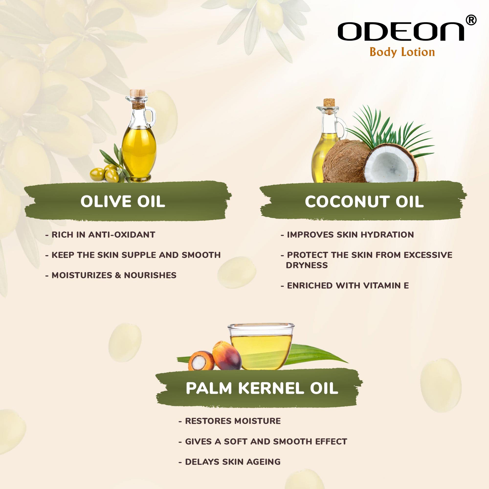 FREE Odeon Olive Body Lotion 100ml + Odeon Coffee Coconut Face & Body Scrub 300ml - Hydrating Skincare Duo for Dry Skin & Exfoliating Body Care