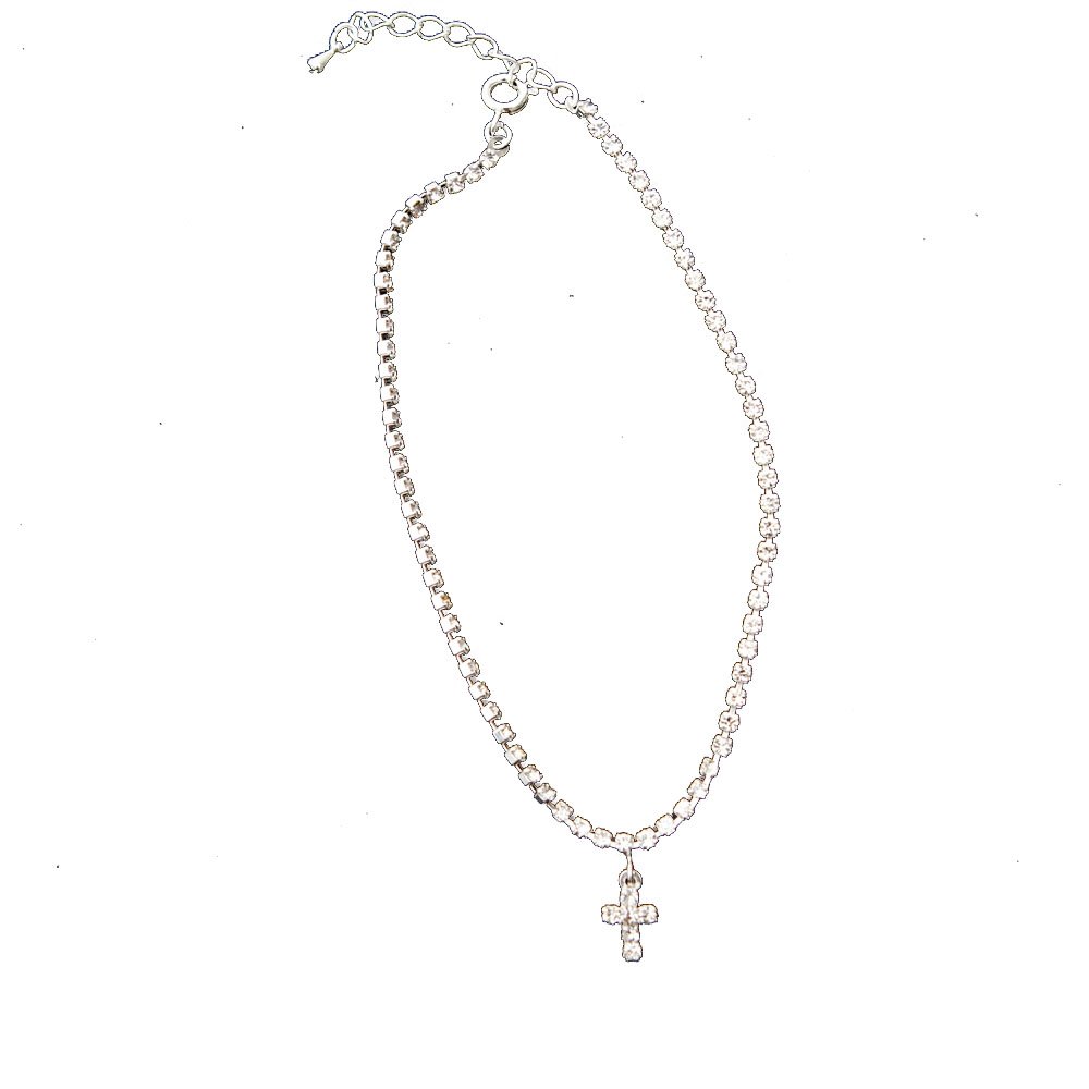 Silver Crystal Rhinestone Anklet with Dangle Cross Charm - Elegant Single Row Strand Bracelet for Women | Perfect for Beach, Party & Everyday Wear