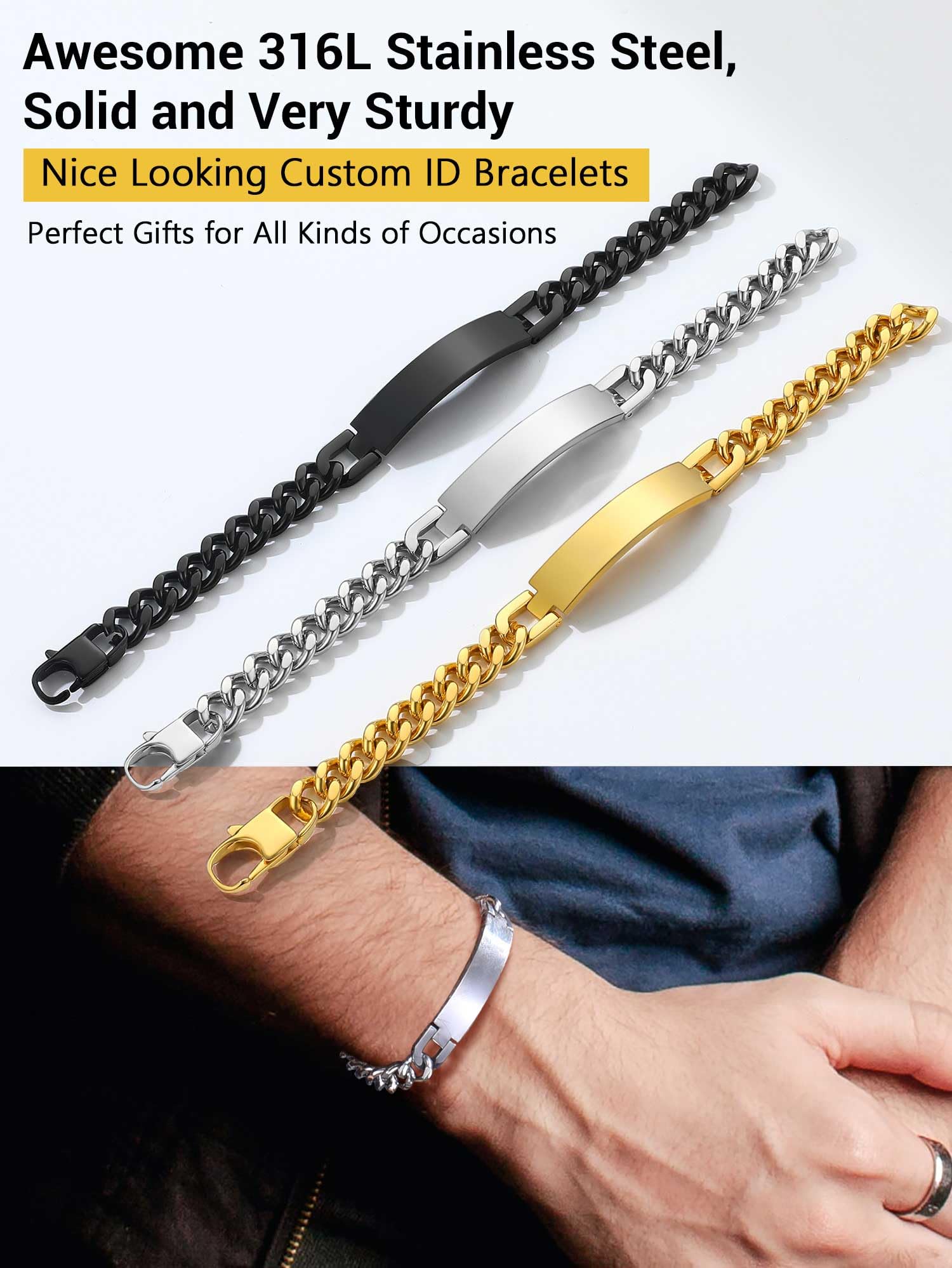 Custom Engraved Stainless Steel Bracelets for Men & Women - Personalized Name, Date, Initial & Quote ID Bracelets (7.5