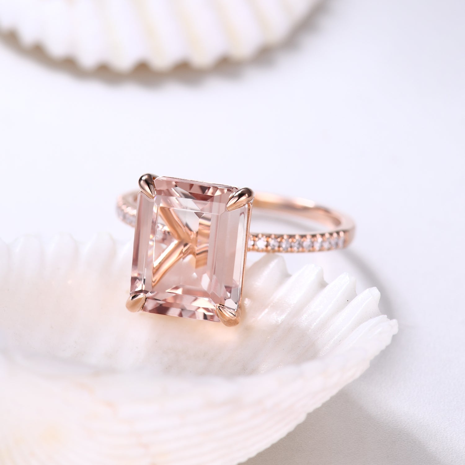 8x10mm Emerald Cut Morganite & Diamond Engagement Ring - Petite Band for Women, Elegant Wedding Jewelry, Perfect for Proposals & Anniversaries