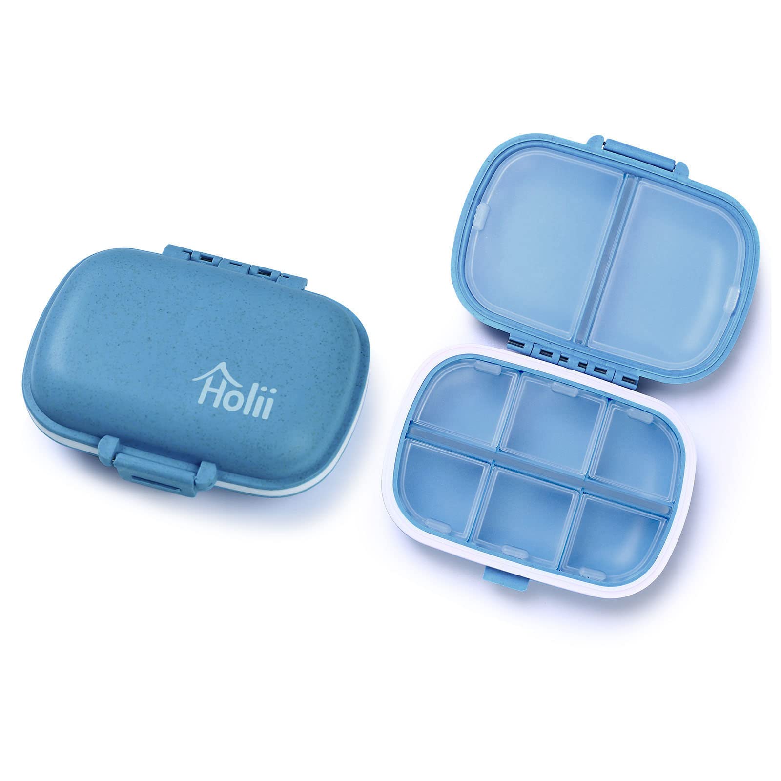 Holii 2-Piece 8-Compartment Travel Pill Organizer - Portable Daily Medicine Box & Vitamin Holder for Purse, Pocket Pharmacy - Perfect for Travel, Work & Home Use (Blue)