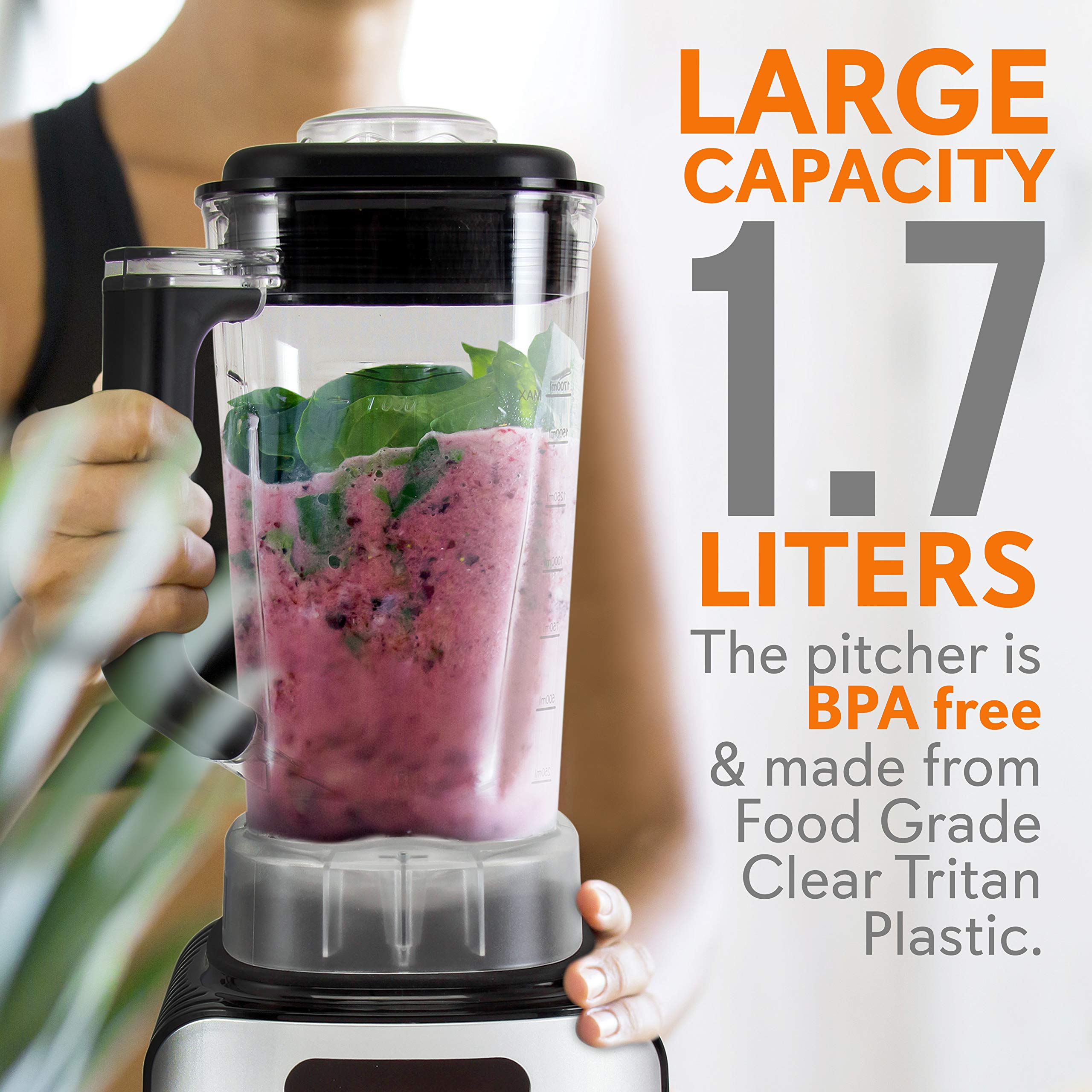 NutriChef NCBL1700 1.7L Professional Digital Electric Blender - High-Speed Countertop Blender for Smoothies, Shakes & Food Prep w/ Pulse Function, Timer & 6 Speed Settings - Perfect for Kitchen, Gym & Healthy Lifestyle